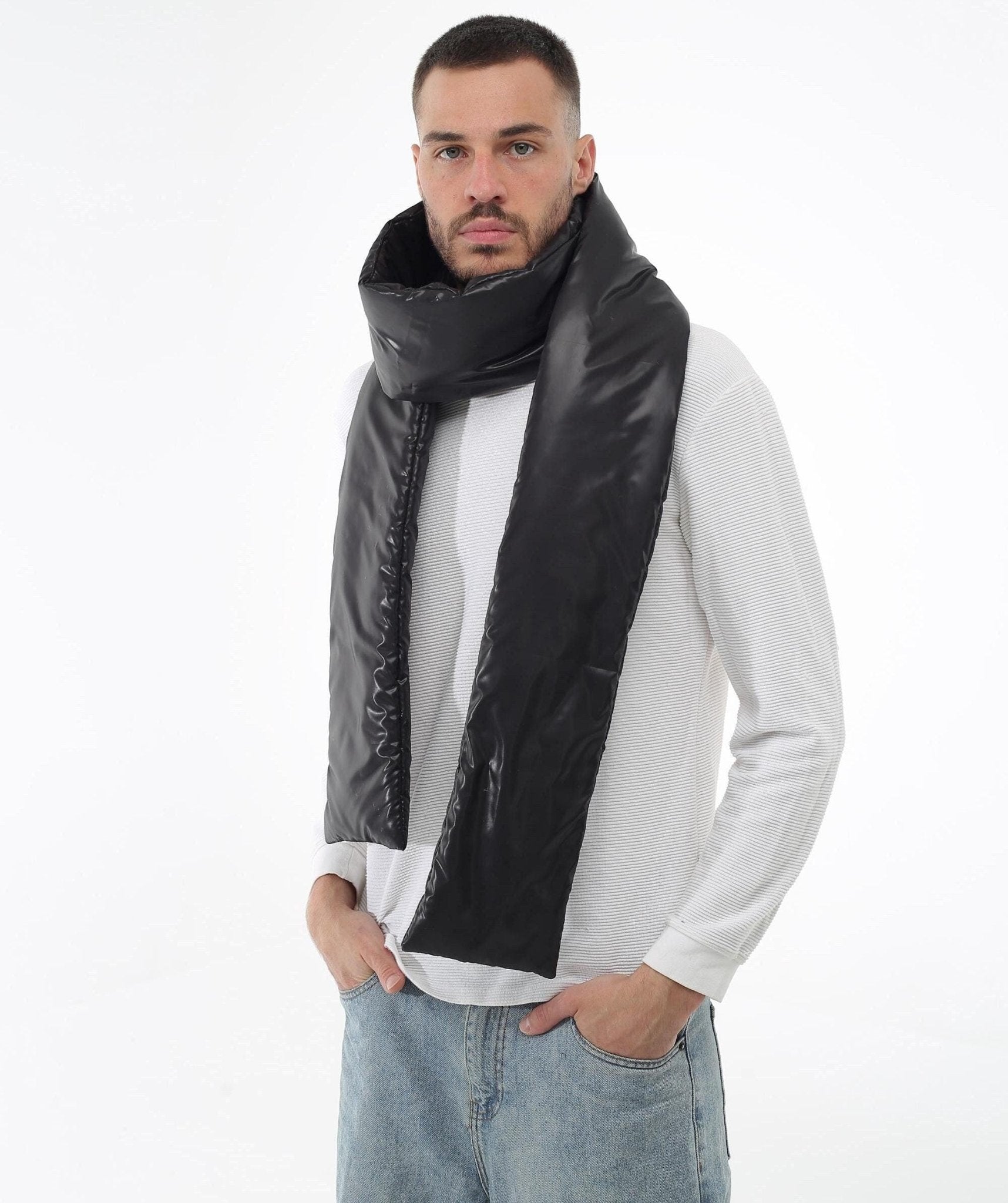 Black Men's Puffer Scarf 6x90in Windproof Insulated Winter Essential - FAVORITTI