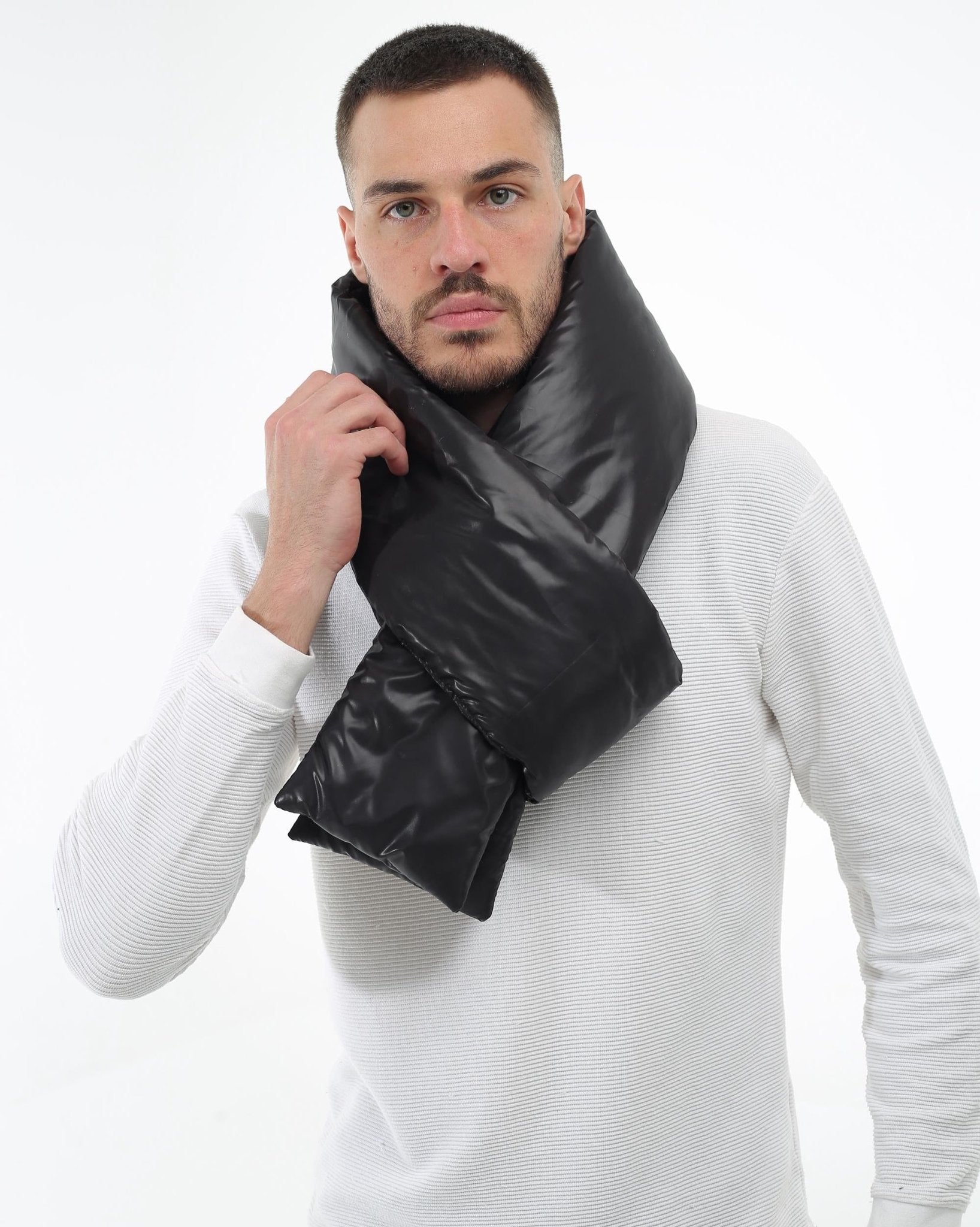 Black Men's Puffer Scarf 6x90in Windproof Insulated Winter Essential - FAVORITTI