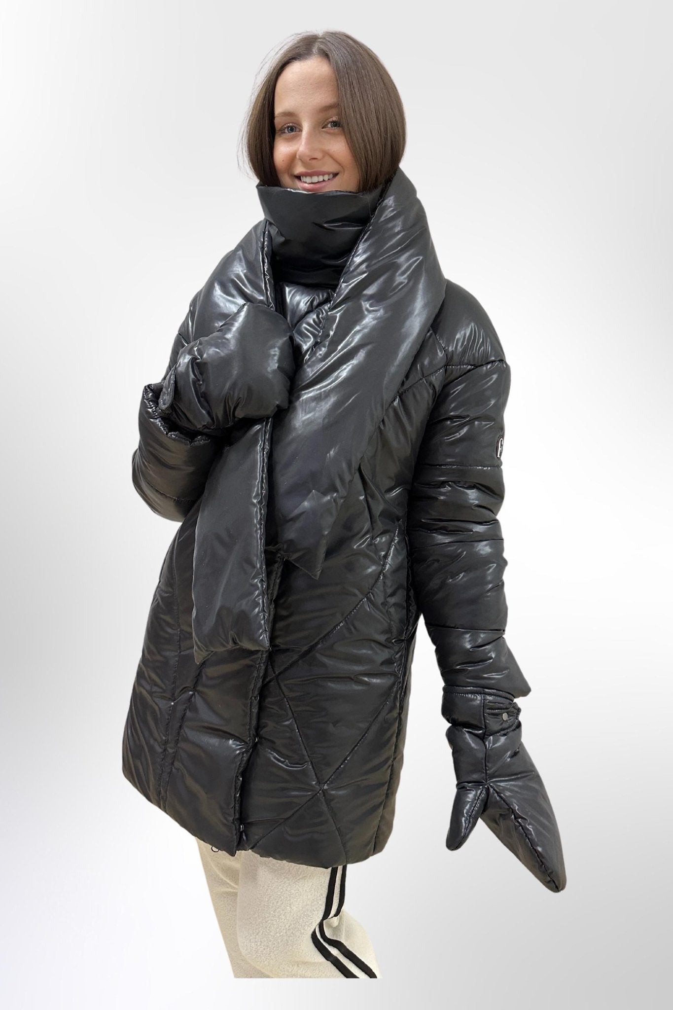 Black Puffer Jacket Women Winter Set 3 - pieces Down Jacket Scarf Mittens Puffy Coat Пуховик ПВ - 1291 Лаке Тон 21 - FAVORITTI