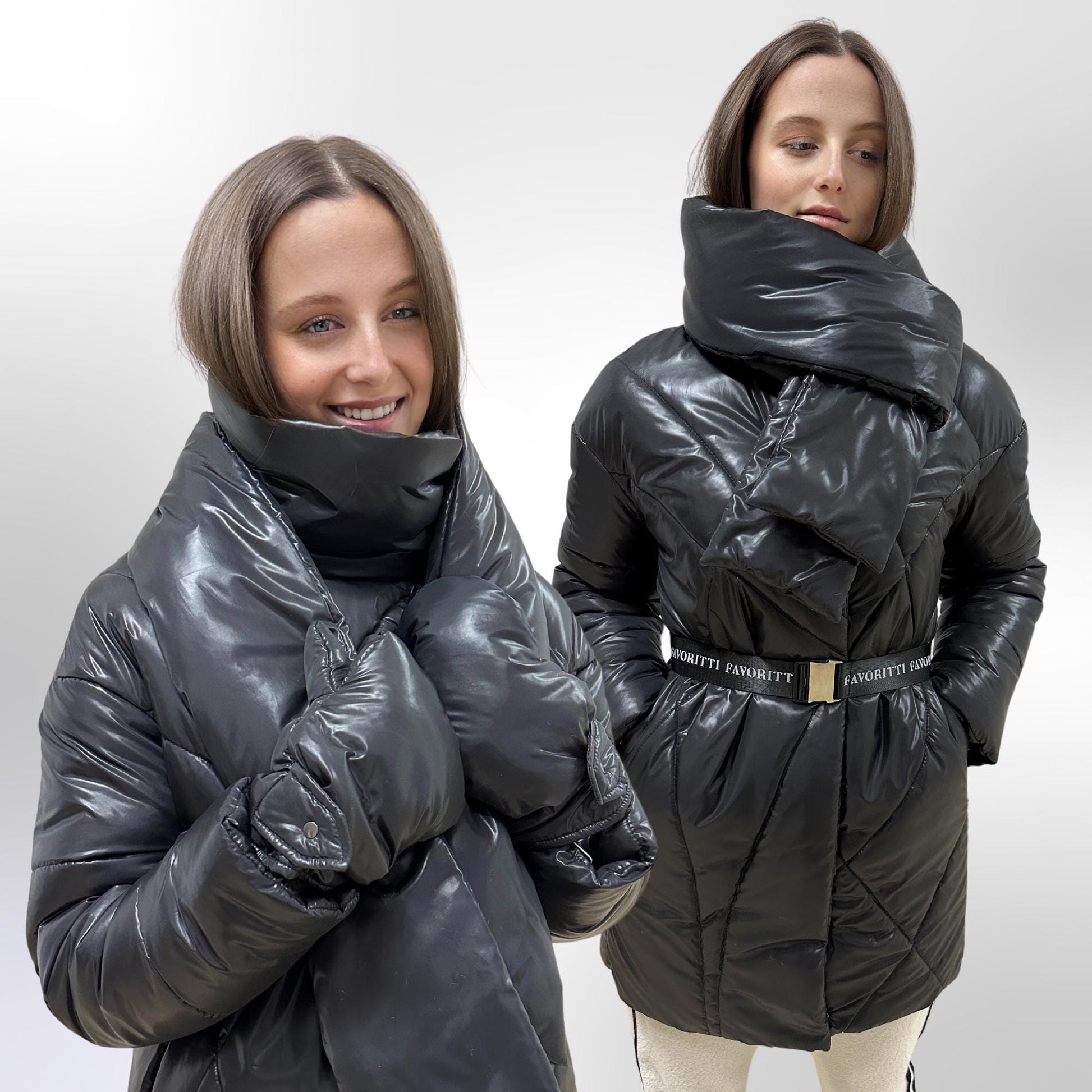Black Puffer Jacket Women Winter Set 3 - pieces Down Jacket Scarf Mittens Puffy Coat Пуховик ПВ - 1291 Лаке Тон 21 - FAVORITTI