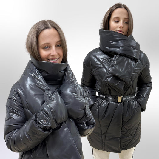 Black Puffer Jacket Women Winter Set 3 - pieces Down Jacket Scarf Mittens Puffy Coat Пуховик ПВ - 1291 Лаке Тон 21 - FAVORITTI