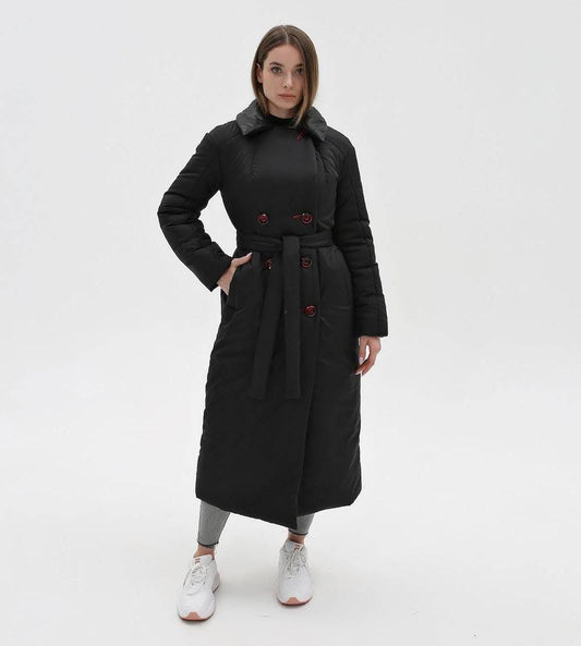 Black Puffy Coat for Women, Maxi Long Winter Jacket, Belted Warm Outerwear Плащ - пуховик ПВ - 1308 Лаке Тон 21 + Тон 76 - FAVORITTI