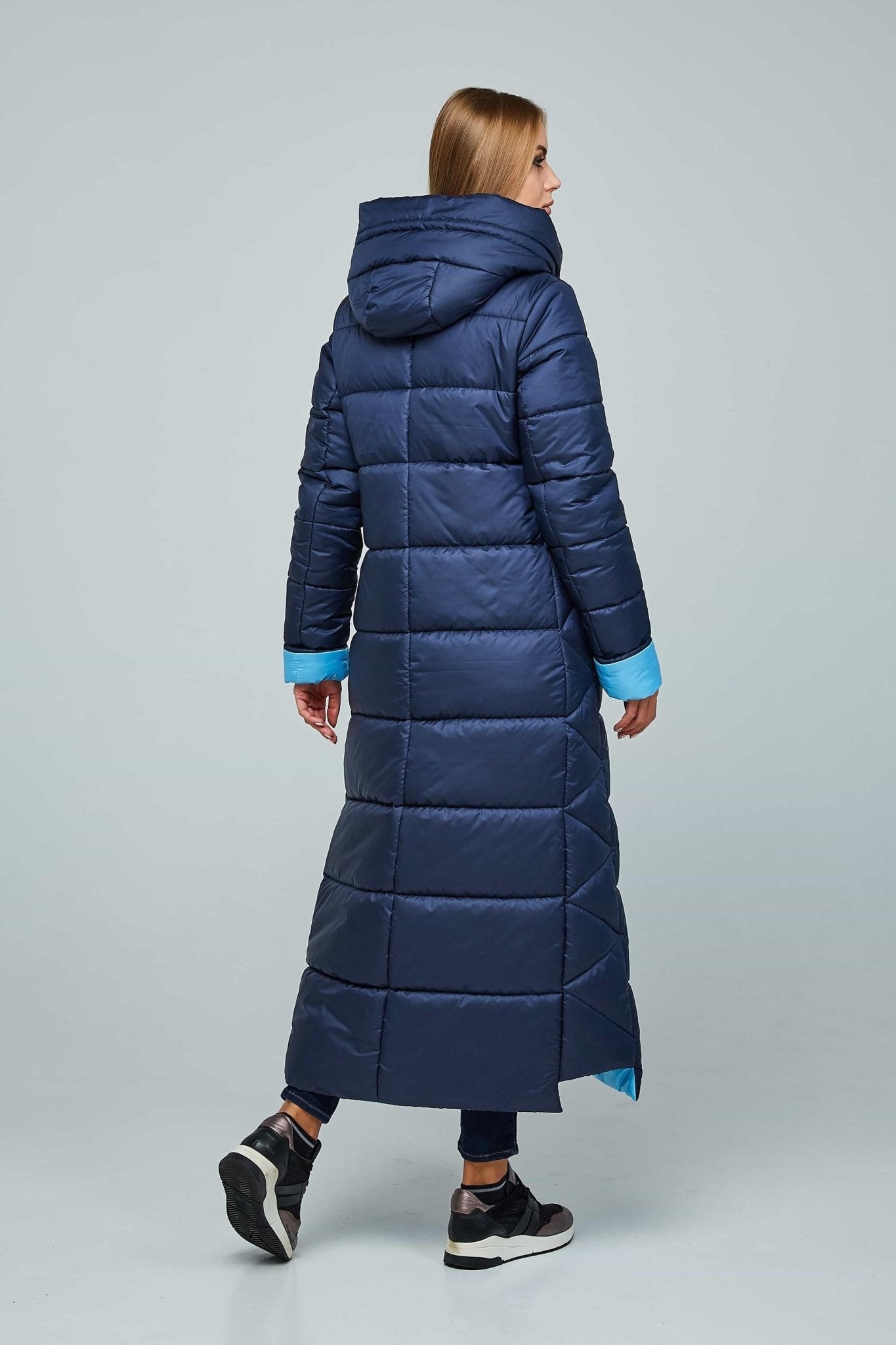 Blue Maxi Long Puffer Coat With Hood Women Waterproof and Windproof Winter Jacket Пуховик ПВ - 1202 Лаке Тон 18 + Тон 11 - FAVORITTI