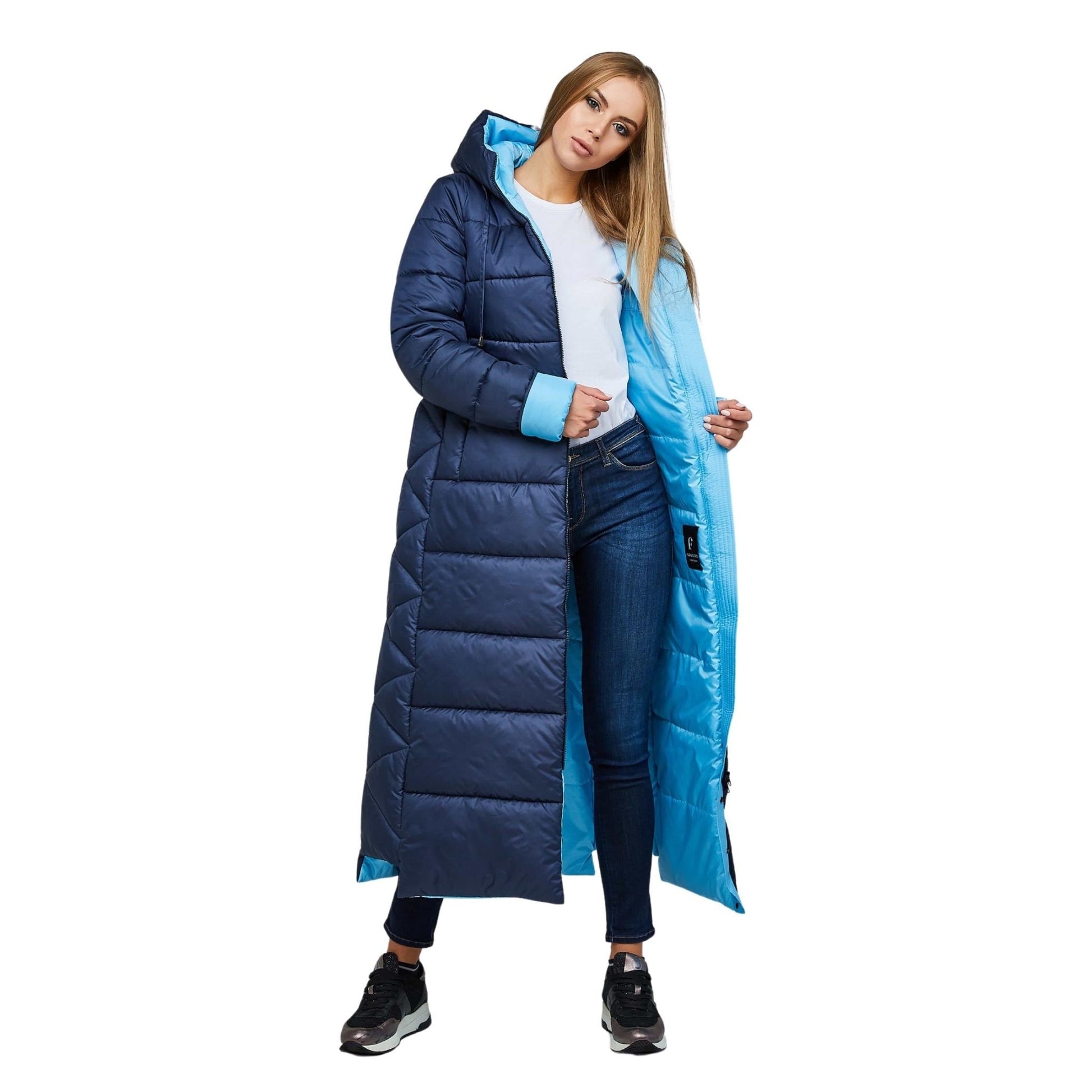 Blue Maxi Long Puffer Coat With Hood Women Waterproof and Windproof Winter Jacket Пуховик ПВ - 1202 Лаке Тон 18 + Тон 11 - FAVORITTI