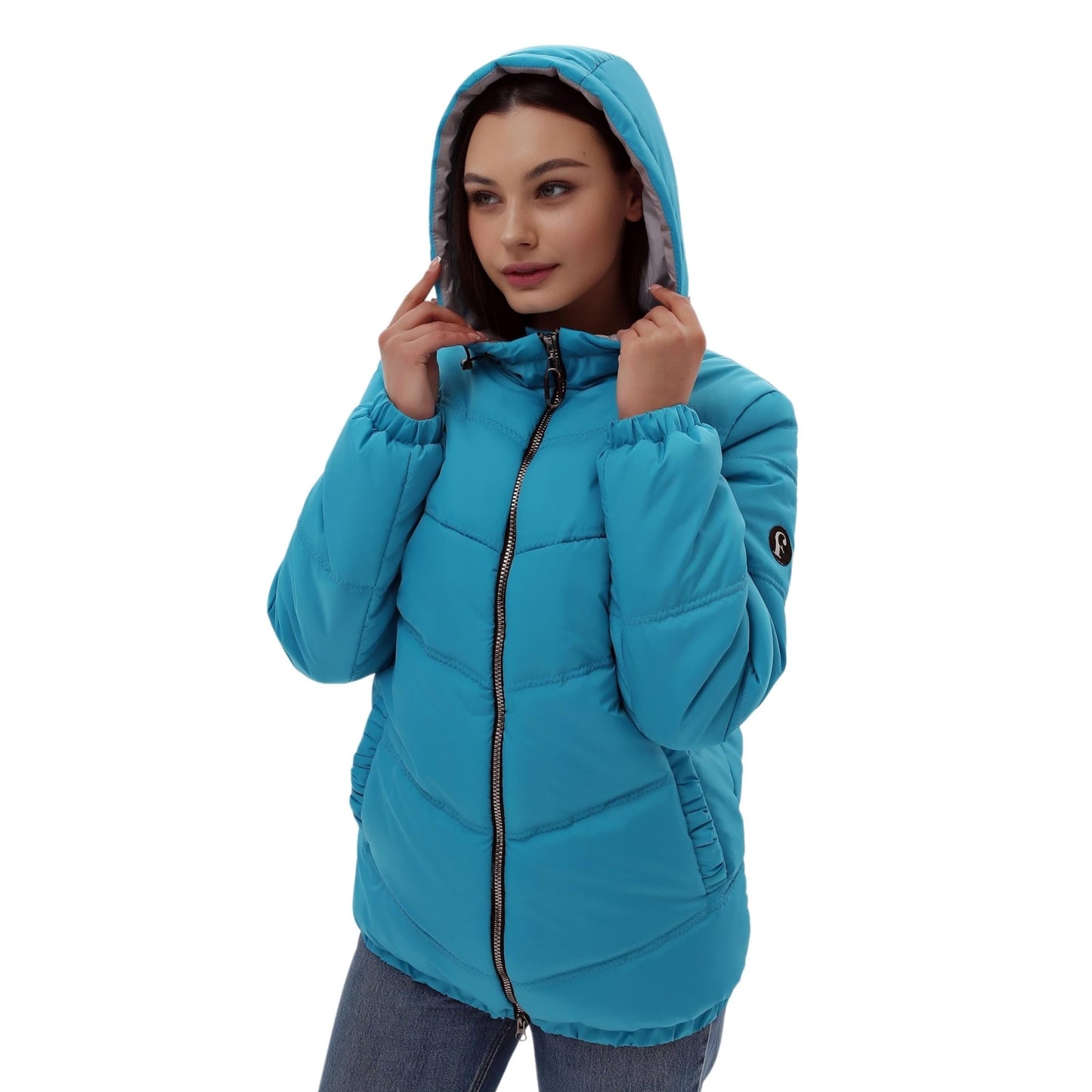 Blue Puffer Jacket Women Turquoise Puffy Hooded Coat Waterproof and Windproof Куртка В - 1237 Лаке Тон 23Д + Тон 5А - FAVORITTI
