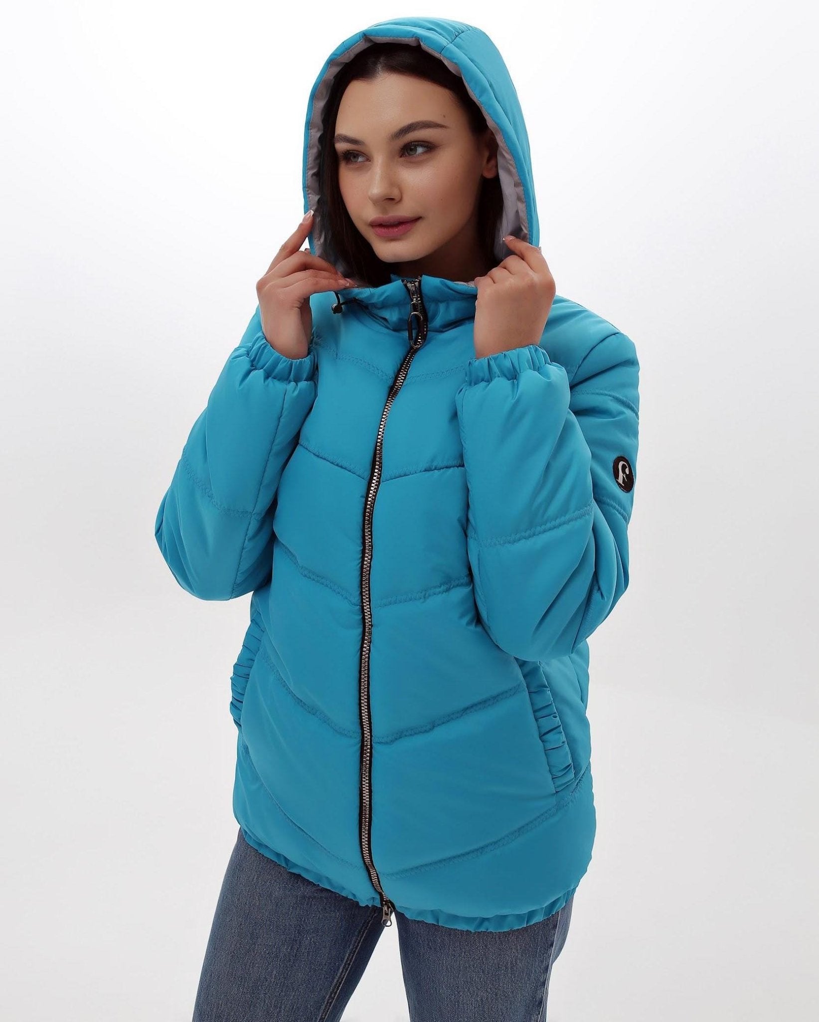 Blue Puffer Jacket Women Turquoise Puffy Hooded Coat Waterproof and Windproof Куртка В - 1237 Лаке Тон 23Д + Тон 5А - FAVORITTI