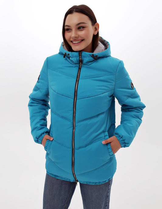 Blue Puffer Jacket Women Turquoise Puffy Hooded Coat Waterproof and Windproof Куртка В - 1237 Лаке Тон 23Д + Тон 5А - FAVORITTI