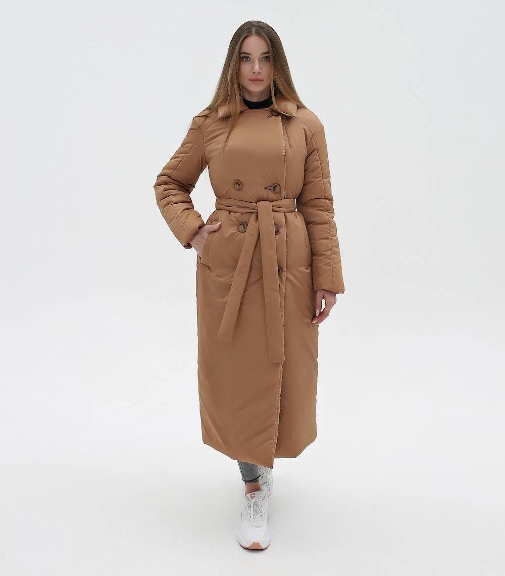 Camel Puffy Coat for Women, Maxi Long Winter Jacket, Belted Warm Outerwear Плащ - пуховик ПВ - 1308 Лаке Тон 63 + Тон 20 - FAVORITTI