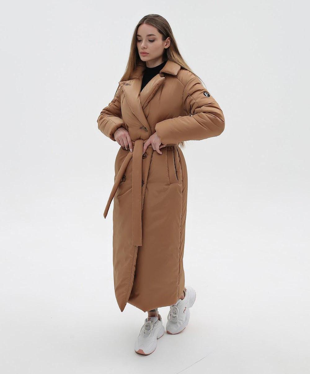 Camel Puffy Coat for Women, Maxi Long Winter Jacket, Belted Warm Outerwear Плащ - пуховик ПВ - 1308 Лаке Тон 63 + Тон 20 - FAVORITTI