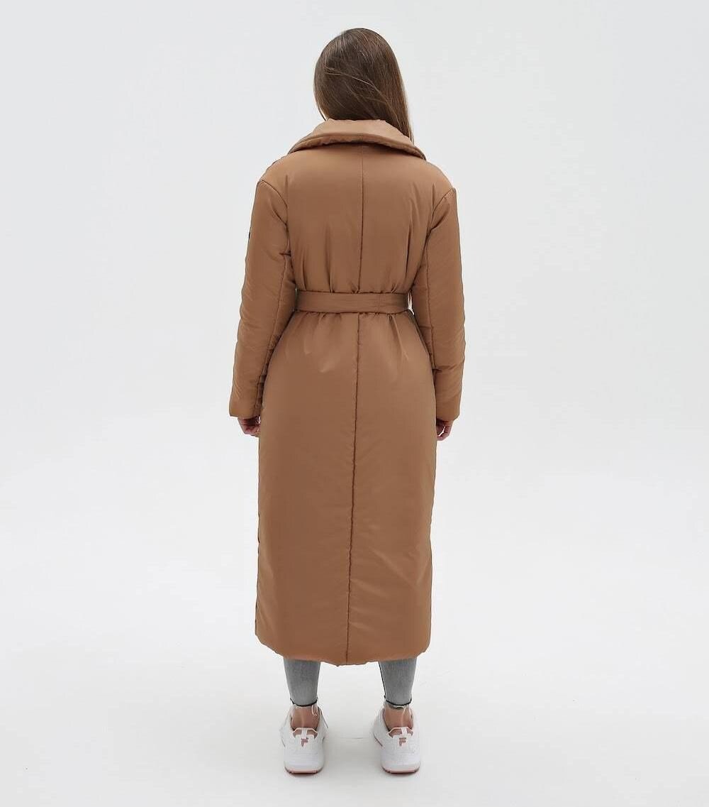 Camel Puffy Coat for Women, Maxi Long Winter Jacket, Belted Warm Outerwear Плащ - пуховик ПВ - 1308 Лаке Тон 63 + Тон 20 - FAVORITTI