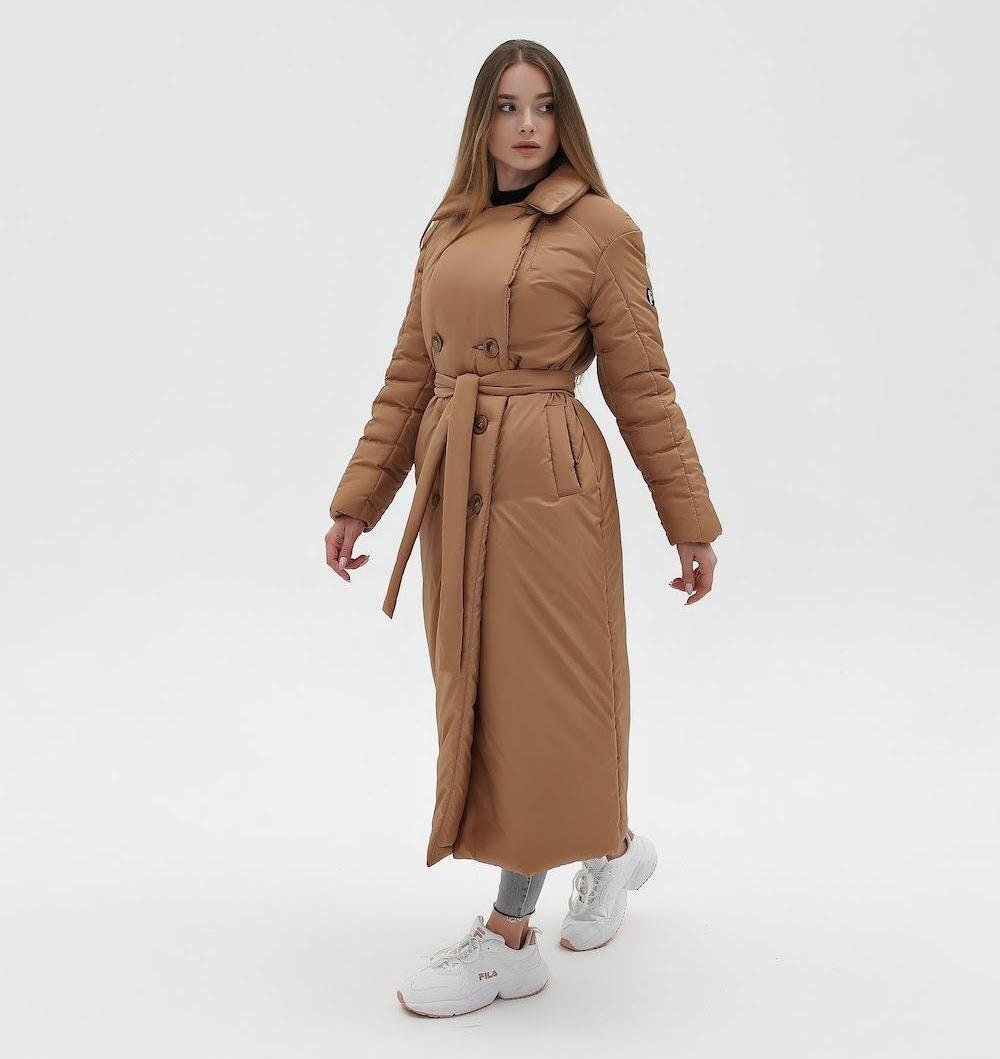 Camel Puffy Coat for Women, Maxi Long Winter Jacket, Belted Warm Outerwear Плащ - пуховик ПВ - 1308 Лаке Тон 63 + Тон 20 - FAVORITTI