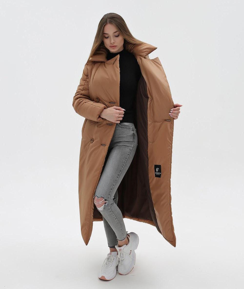 Camel Puffy Coat for Women, Maxi Long Winter Jacket, Belted Warm Outerwear Плащ - пуховик ПВ - 1308 Лаке Тон 63 + Тон 20 - FAVORITTI