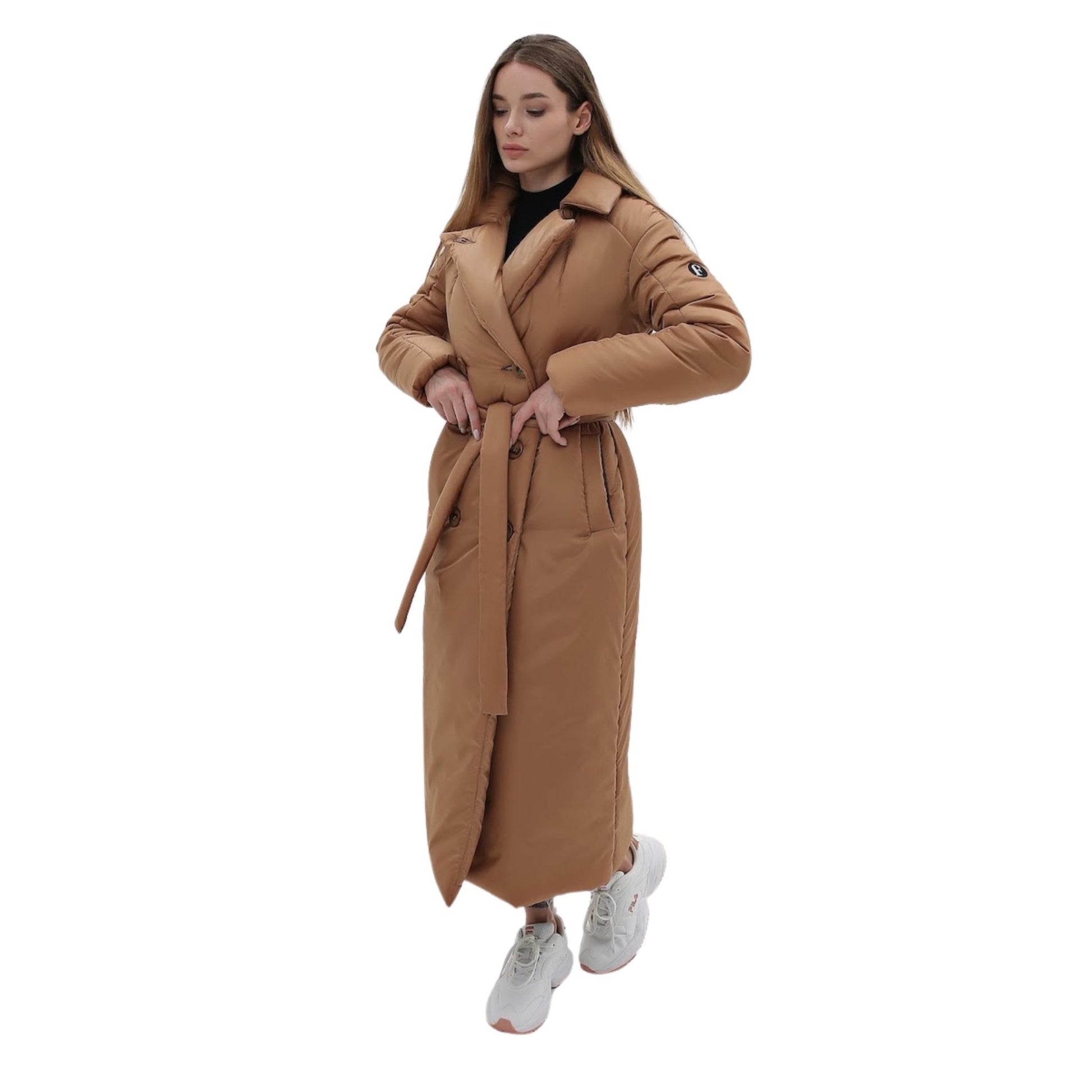 Camel Puffy Coat for Women, Maxi Long Winter Jacket, Belted Warm Outerwear Плащ - пуховик ПВ - 1308 Лаке Тон 63 + Тон 20 - FAVORITTI