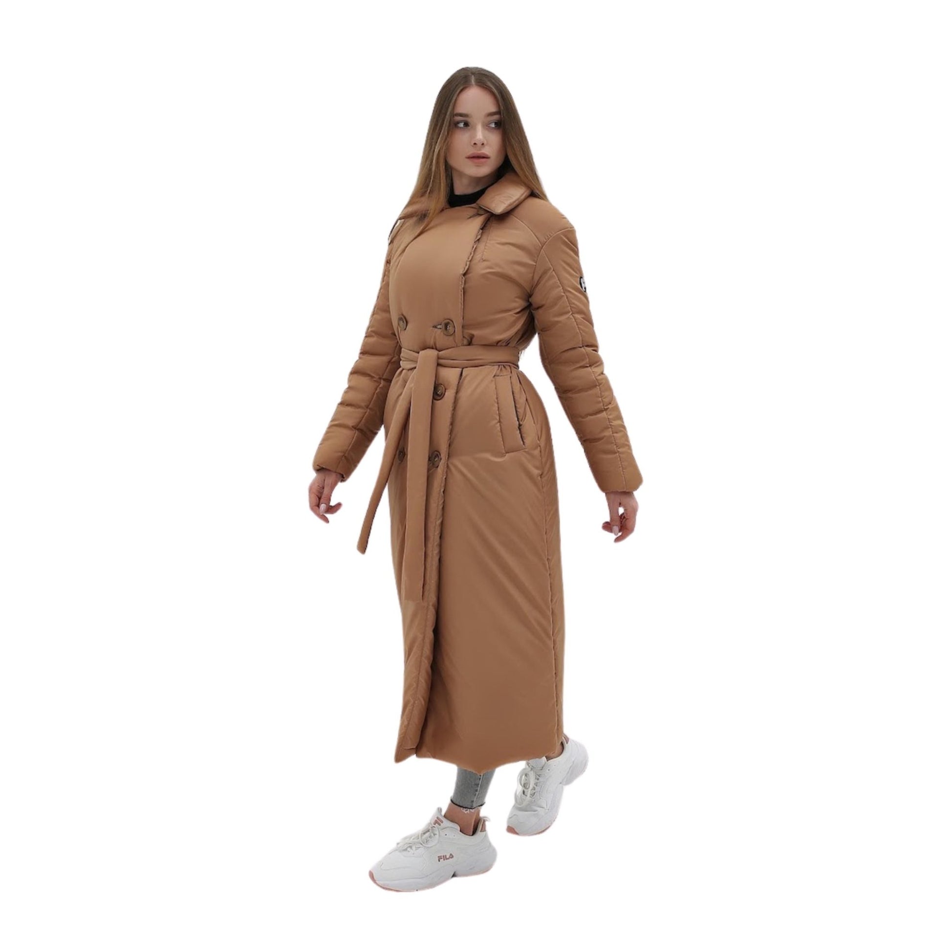Camel Puffy Coat for Women, Maxi Long Winter Jacket, Belted Warm Outerwear Плащ - пуховик ПВ - 1308 Лаке Тон 63 + Тон 20 - FAVORITTI