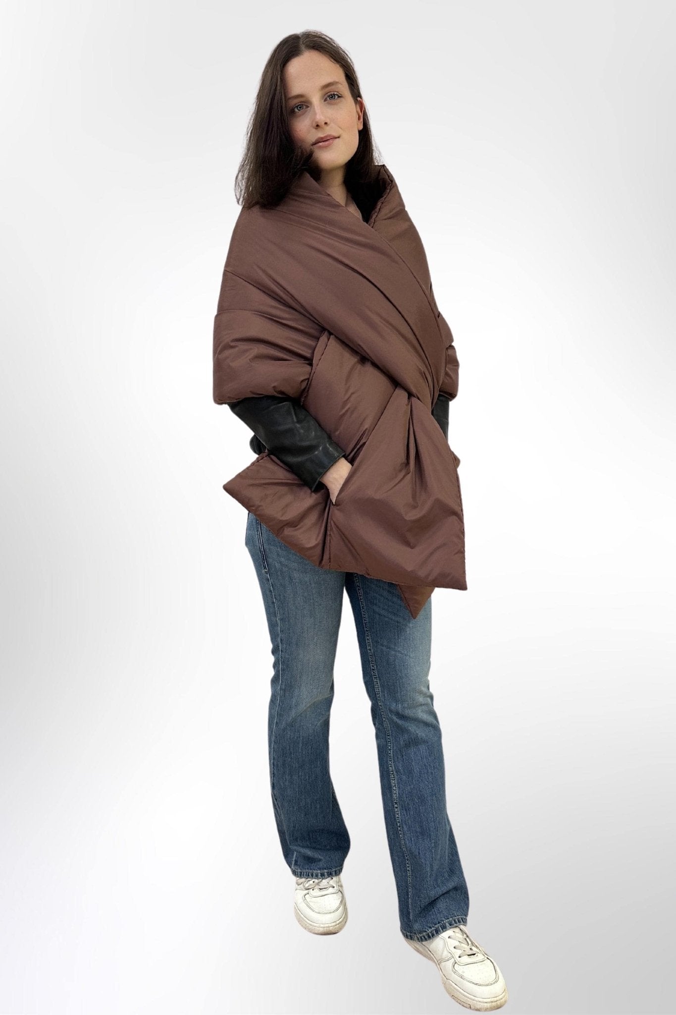 Chocolate Puffer Cape Large Scarf 20x85in With Pockets Blanket Shawl Stole Around Shoulders Wrap Warm Winter Christmas Gift Womens Clothing - FAVORITTI