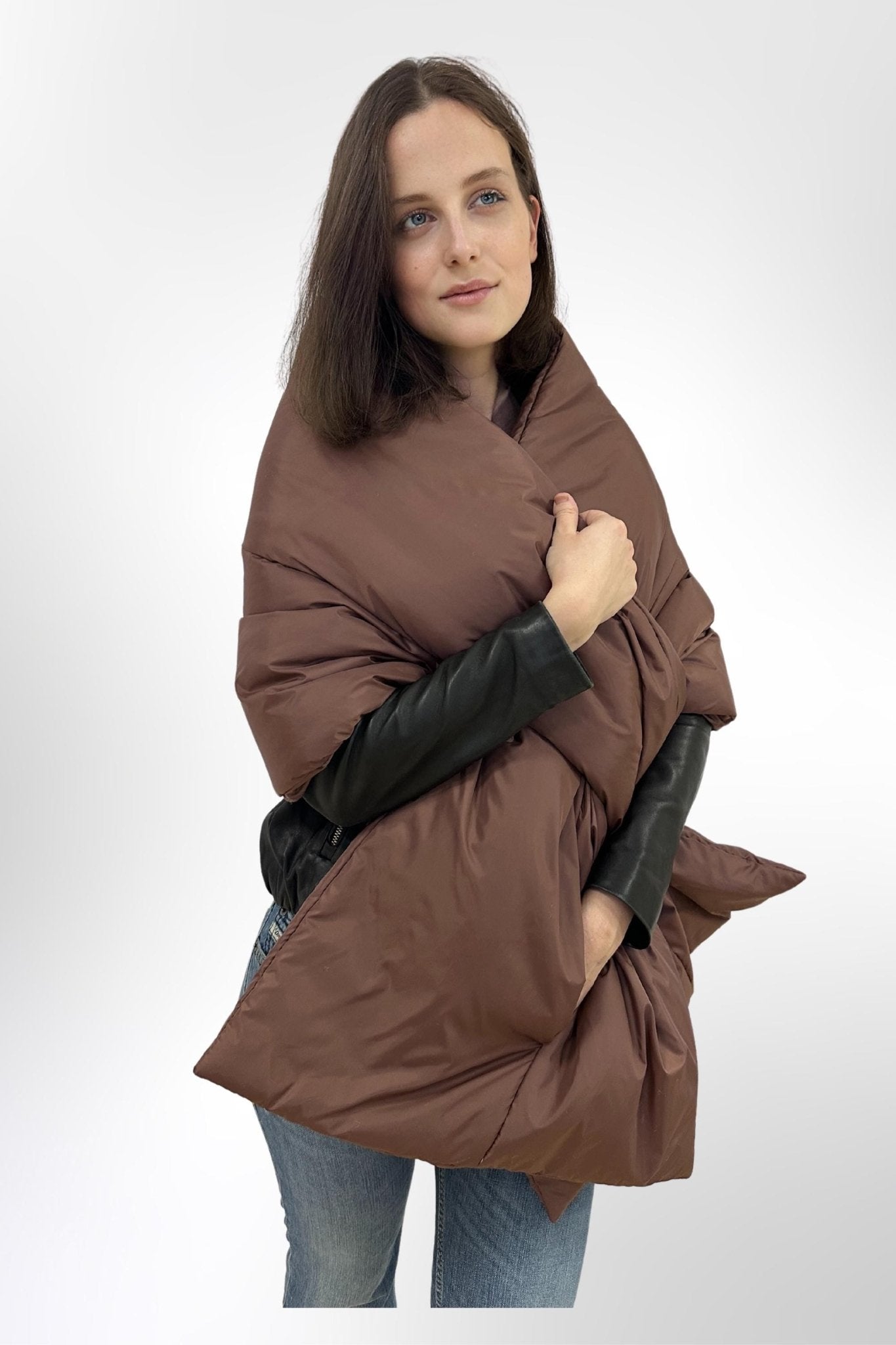 Chocolate Puffer Cape Large Scarf 20x85in With Pockets Blanket Shawl Stole Around Shoulders Wrap Warm Winter Christmas Gift Womens Clothing - FAVORITTI
