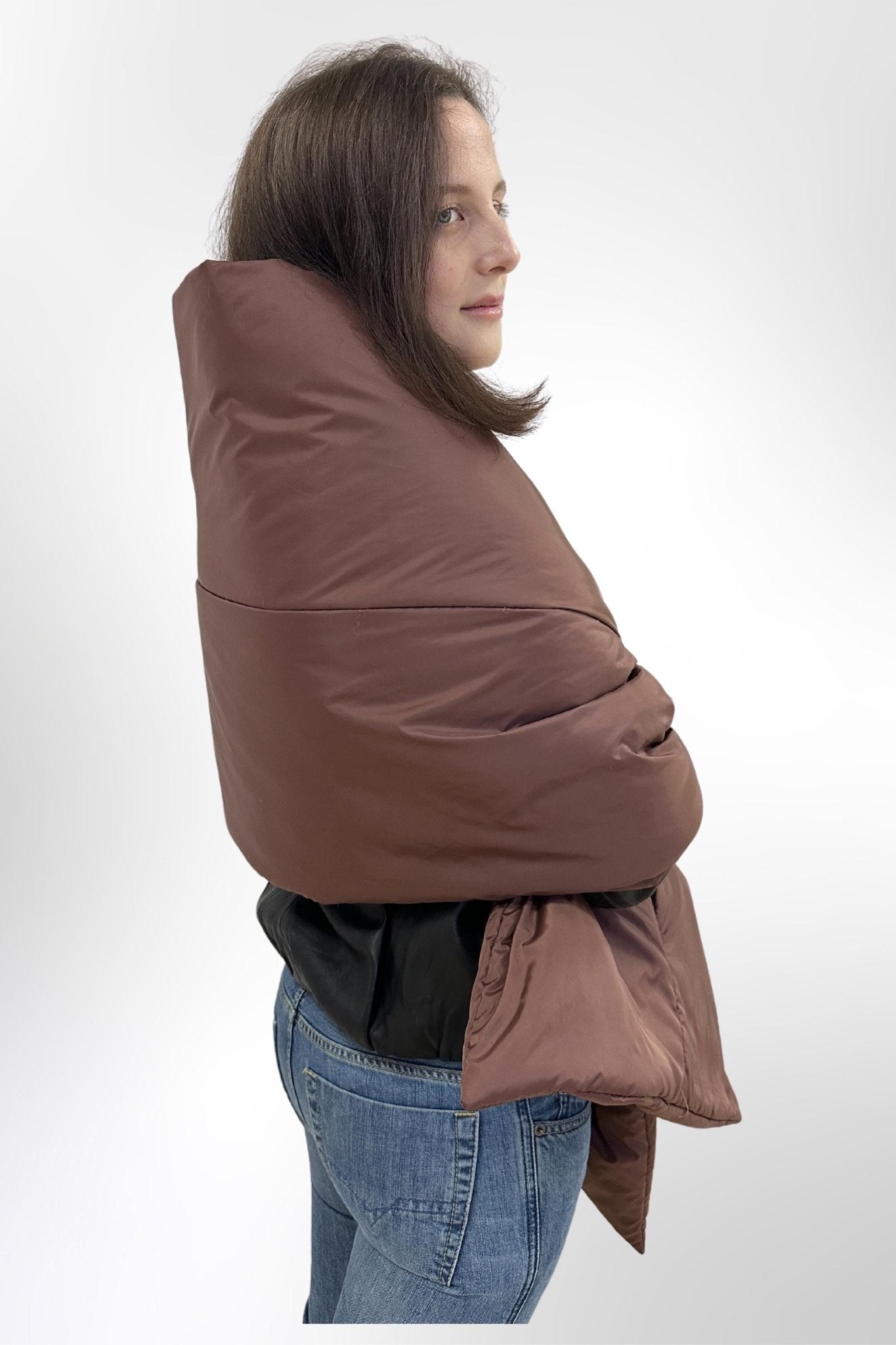 Chocolate Puffer Cape Large Scarf 20x85in With Pockets Blanket Shawl Stole Around Shoulders Wrap Warm Winter Christmas Gift Womens Clothing - FAVORITTI