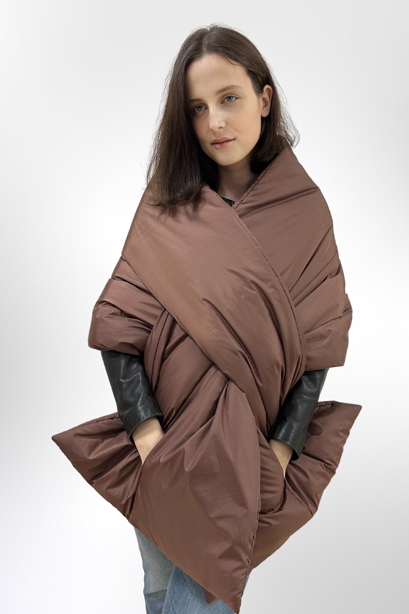 Chocolate Puffer Cape Large Scarf 20x85in With Pockets Blanket Shawl Stole Around Shoulders Wrap Warm Winter Christmas Gift Womens Clothing - FAVORITTI
