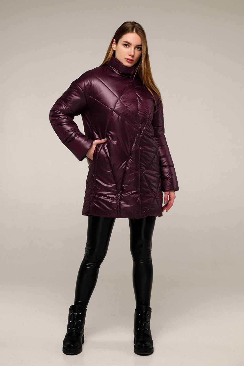 Dark Purple Puffer Jacket Women Winter Set 3 - pieces Down Jacket Scarf Mittens Puffy Coat Пуховик ПВ - 1291 Лаке Тон 51 - FAVORITTI