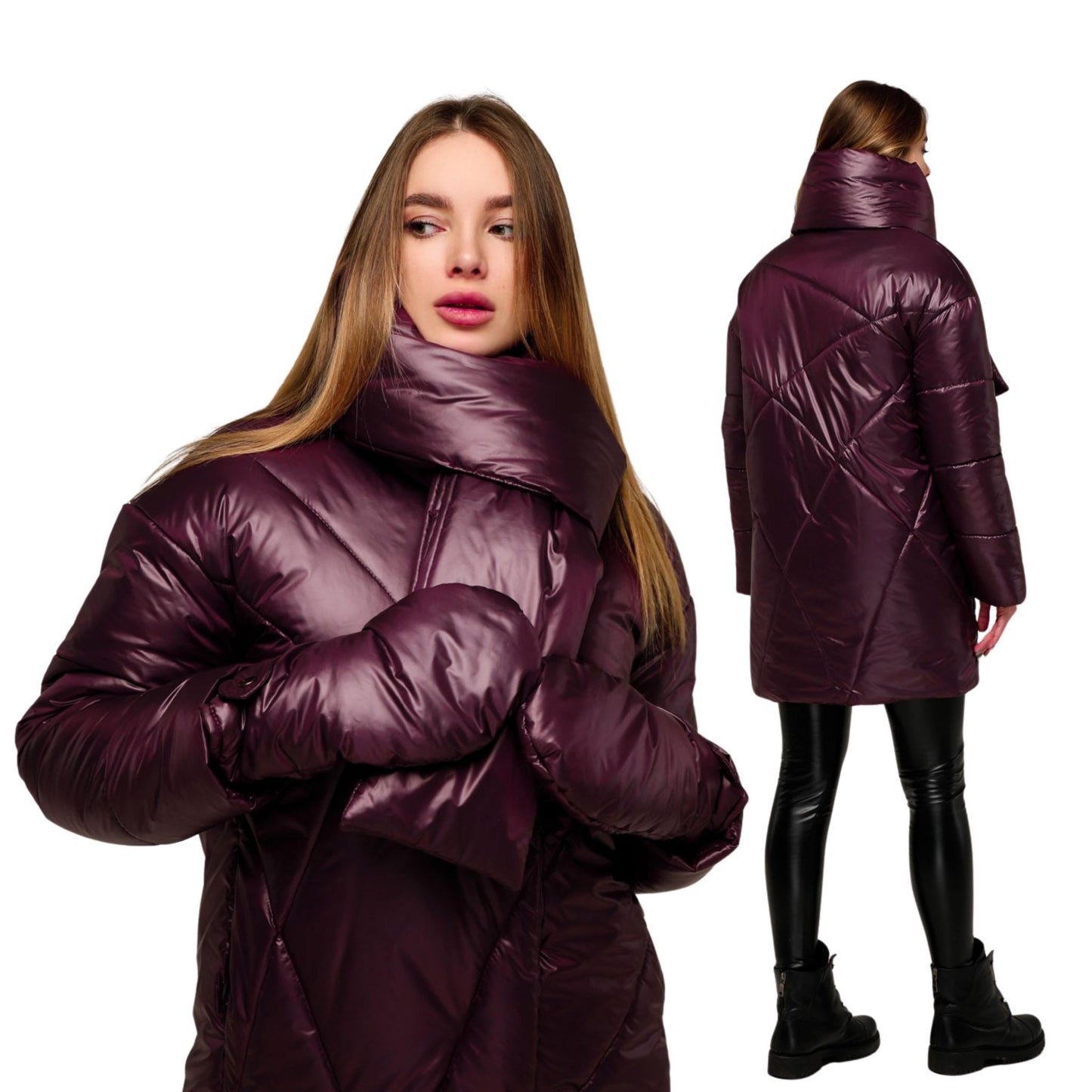 Dark Purple Puffer Jacket Women Winter Set 3 - pieces Down Jacket Scarf Mittens Puffy Coat Пуховик ПВ - 1291 Лаке Тон 51 - FAVORITTI