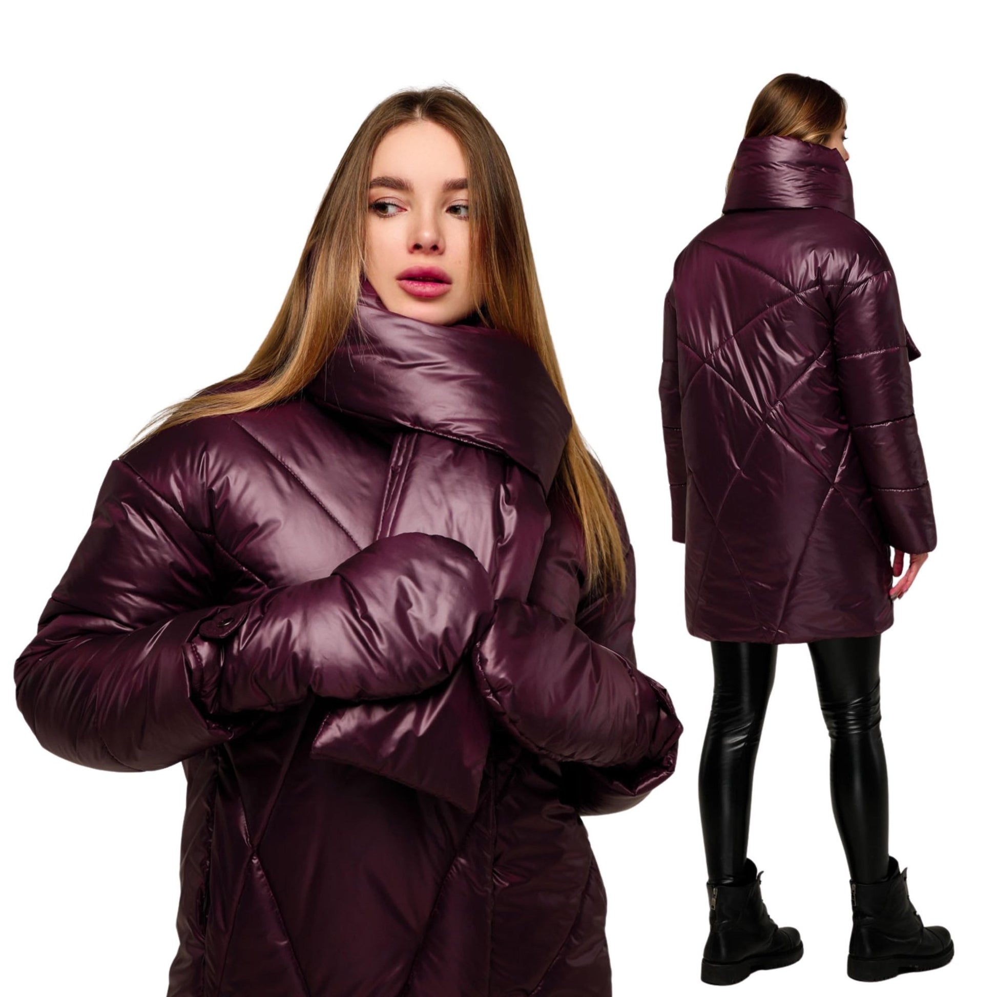 Dark Purple Puffer Jacket Women Winter Set 3 - pieces Down Jacket Scarf Mittens Puffy Coat Пуховик ПВ - 1291 Лаке Тон 51 - FAVORITTI