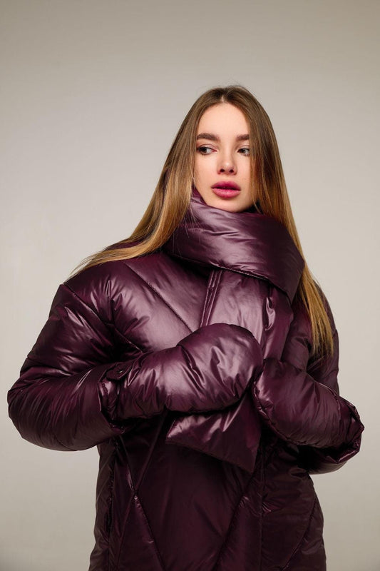 Dark Purple Puffer Jacket Women Winter Set 3 - pieces Down Jacket Scarf Mittens Puffy Coat Пуховик ПВ - 1291 Лаке Тон 51 - FAVORITTI