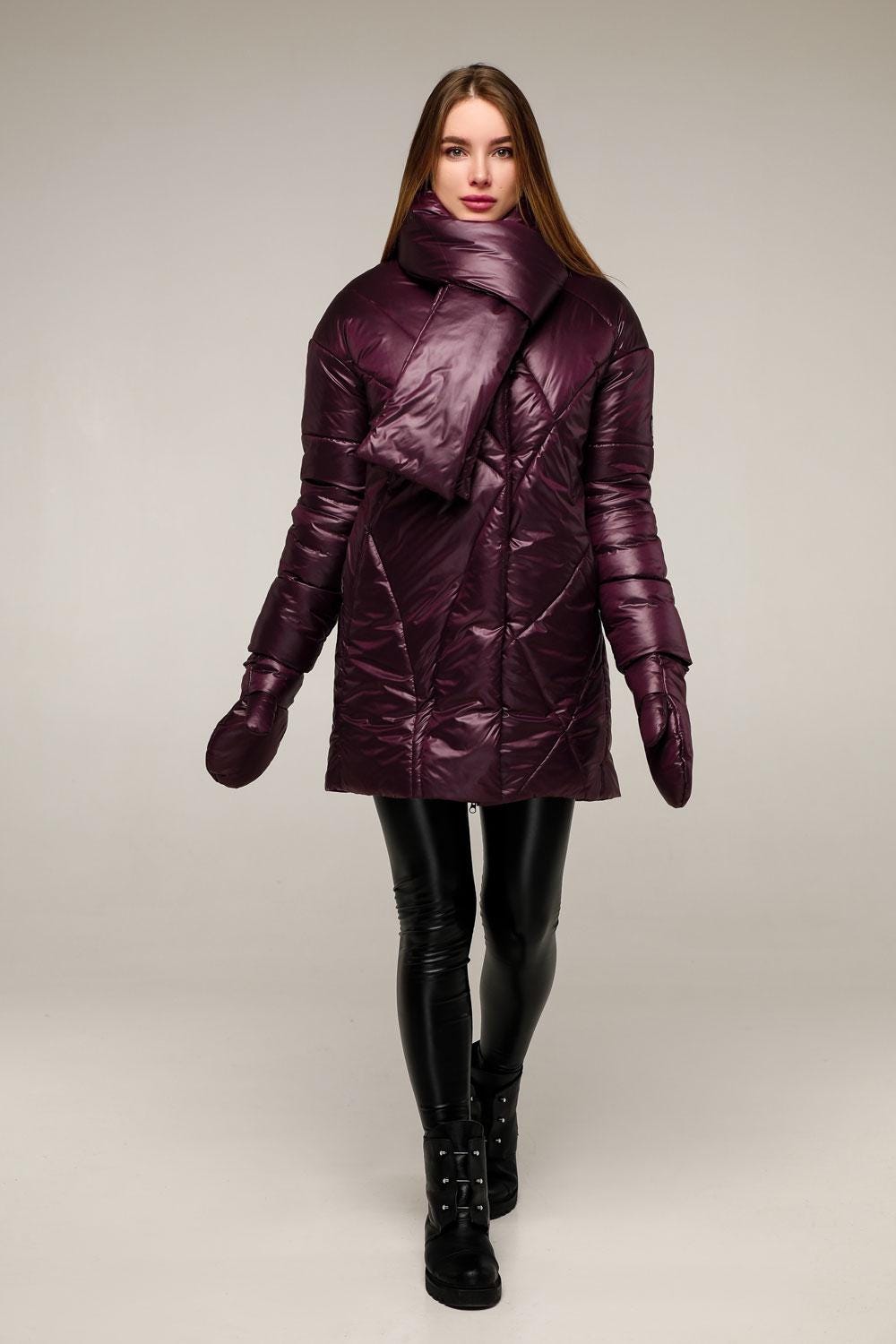 Dark Purple Puffer Jacket Women Winter Set 3 - pieces Down Jacket Scarf Mittens Puffy Coat Пуховик ПВ - 1291 Лаке Тон 51 - FAVORITTI