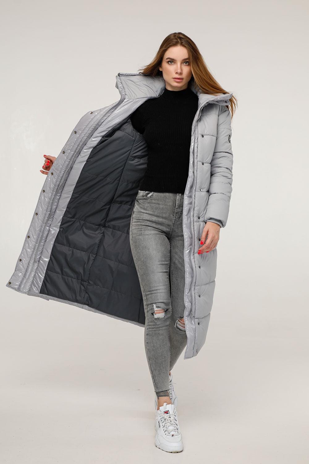 Gray Long Puffer Coat Warm Winter Clothing Пуховик ПВ - 1279 Лаке Тон 5А - FAVORITTI