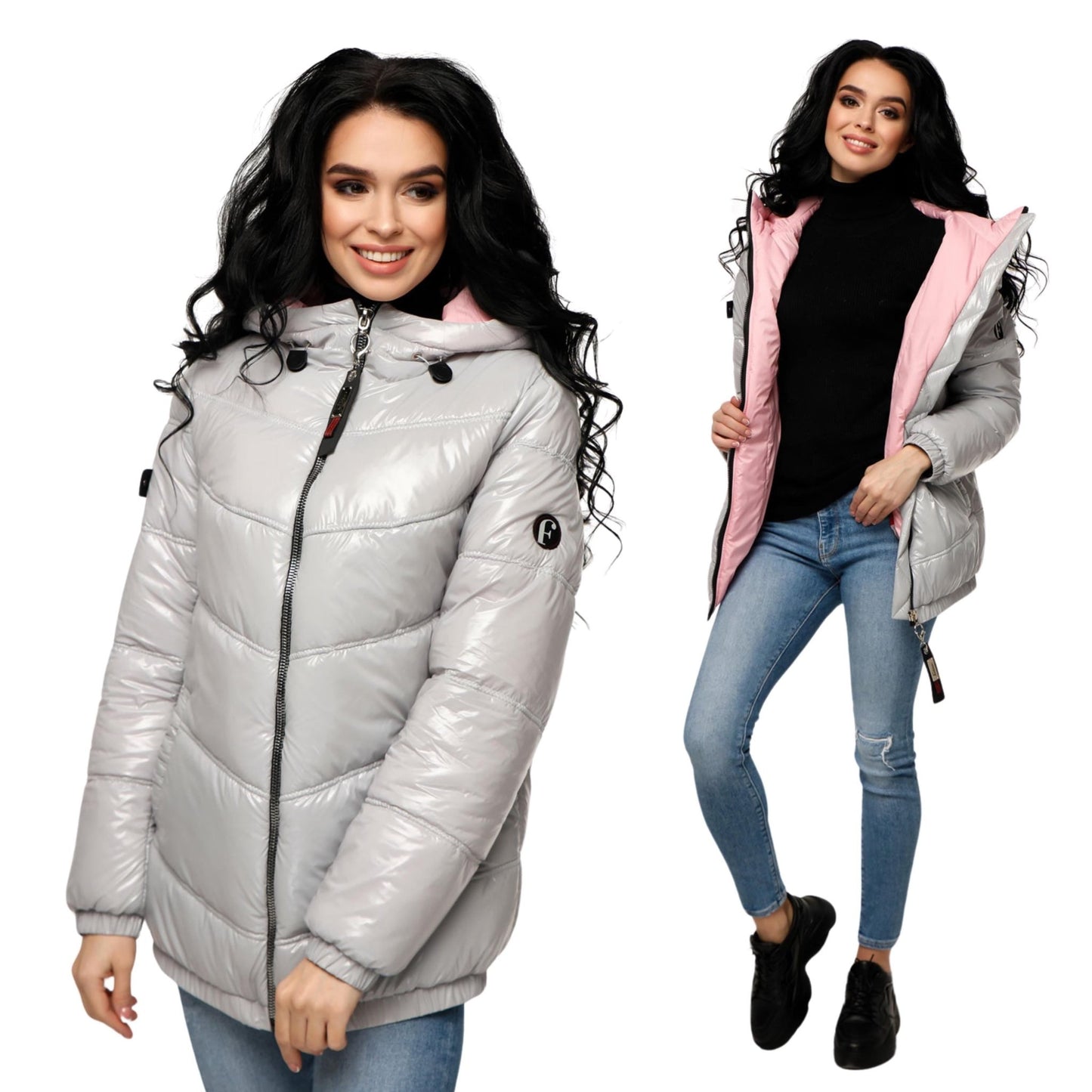 Gray Puffer Jacket Women Puffy Hooded Coat Waterproof and Windproof Куртка В - 1237 Лак Тон 5 + Тон 23 - FAVORITTI