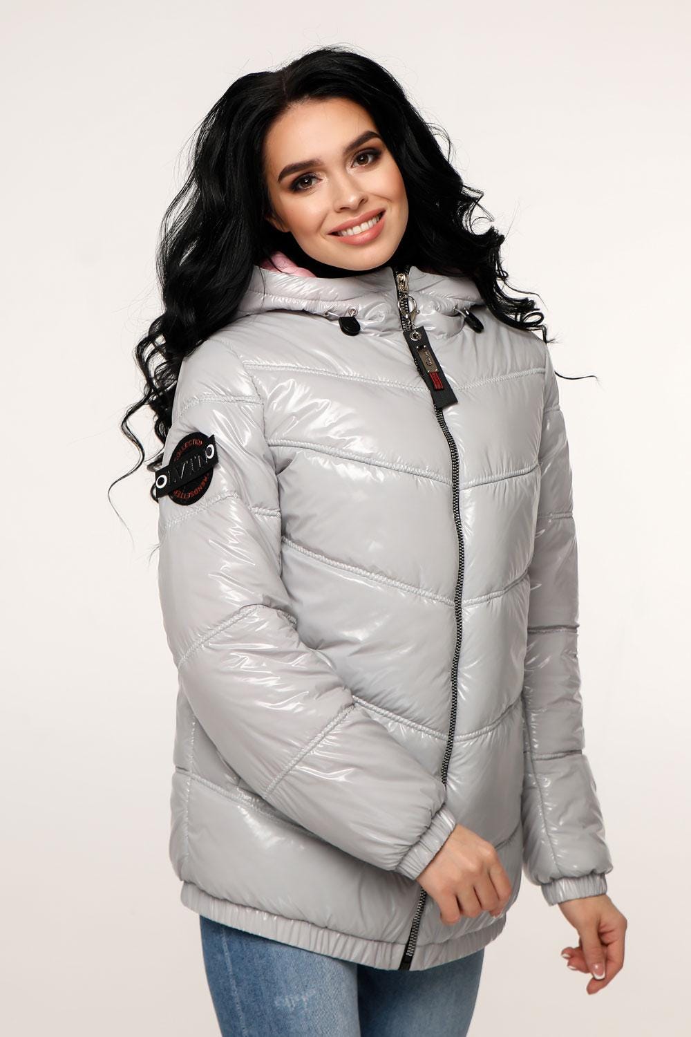 Gray Puffer Jacket Women Puffy Hooded Coat Waterproof and Windproof Куртка В - 1237 Лак Тон 5 + Тон 23 - FAVORITTI