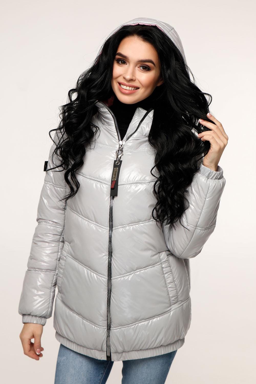 Gray Puffer Jacket Women Puffy Hooded Coat Waterproof and Windproof Куртка В - 1237 Лак Тон 5 + Тон 23 - FAVORITTI