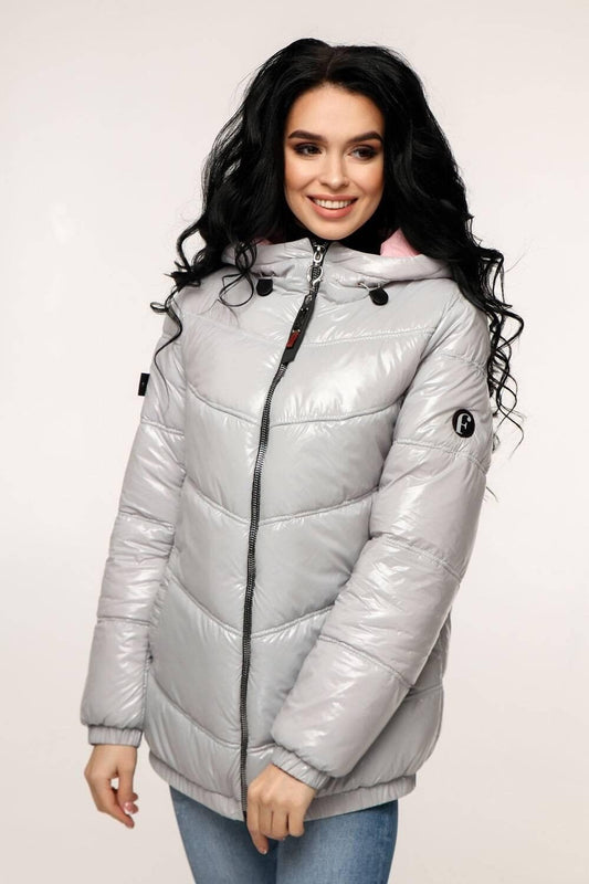 Gray Puffer Jacket Women Puffy Hooded Coat Waterproof and Windproof Куртка В - 1237 Лак Тон 5 + Тон 23 - FAVORITTI