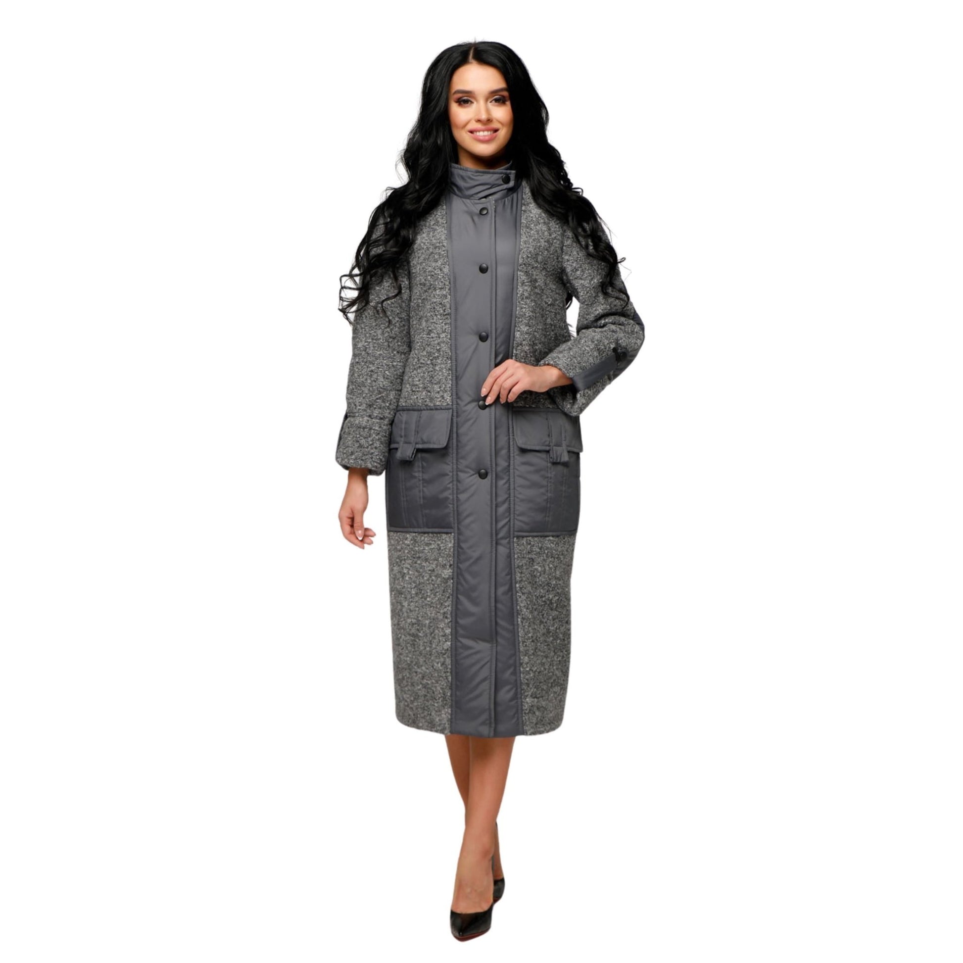 Gray Puffer Quilted Coat with Pockets for Women - Long Warm Jacket Пальто В - 1242 Art.6484 Teddy Bouclet Тон 1026 - FAVORITTI