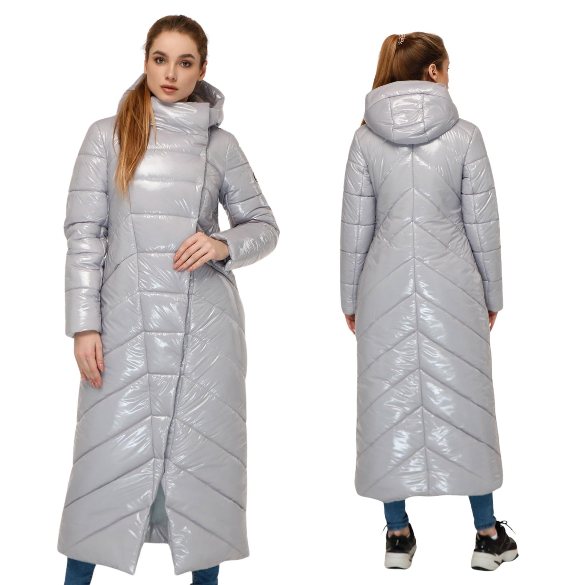 Grey Long Puffer Coat Winter Warm Women's Clothing Пуховик ПВ - 1133 Лак Тон 5 - FAVORITTI