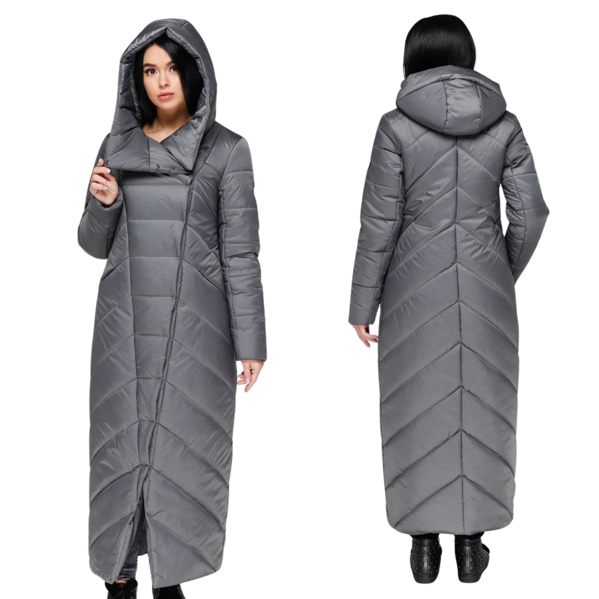Grey Long Puffer Coat Winter Warm Women's Clothing Пуховик ПВ - 1133 Лаке Тон 7 - FAVORITTI