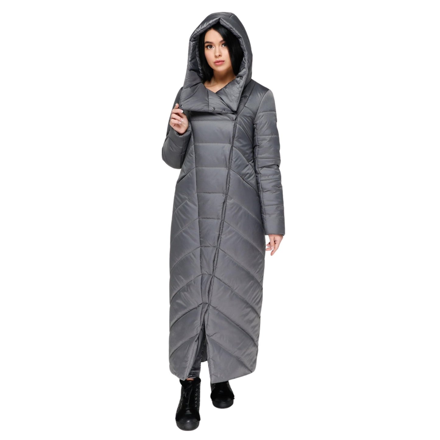 Grey Long Puffer Coat Winter Warm Women's Clothing Пуховик ПВ - 1133 Лаке Тон 7 - FAVORITTI