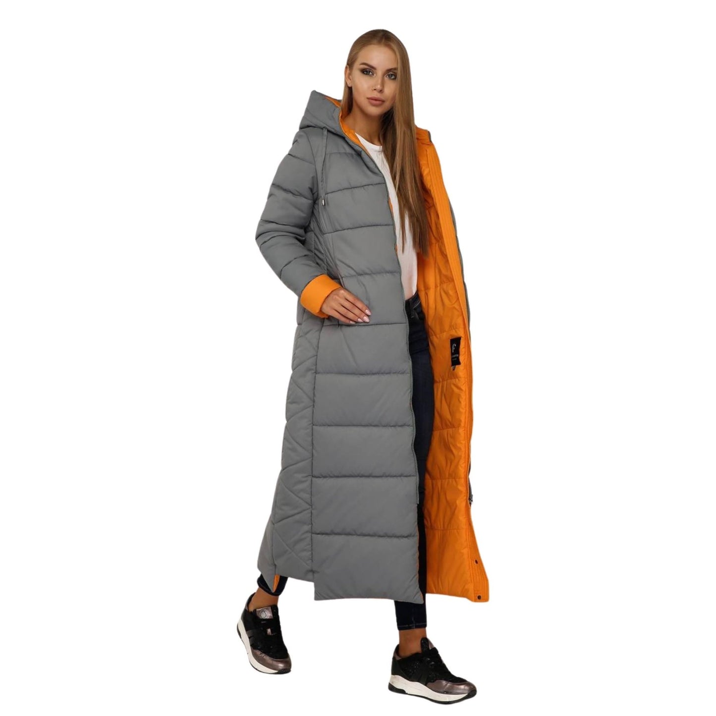 Grey Orange Long Puffer Coat With Hood Women Waterproof and Windproof Winter Jacket Пуховик ПВ - 1202 Лаке Тон 860 + Тон 8 - FAVORITTI