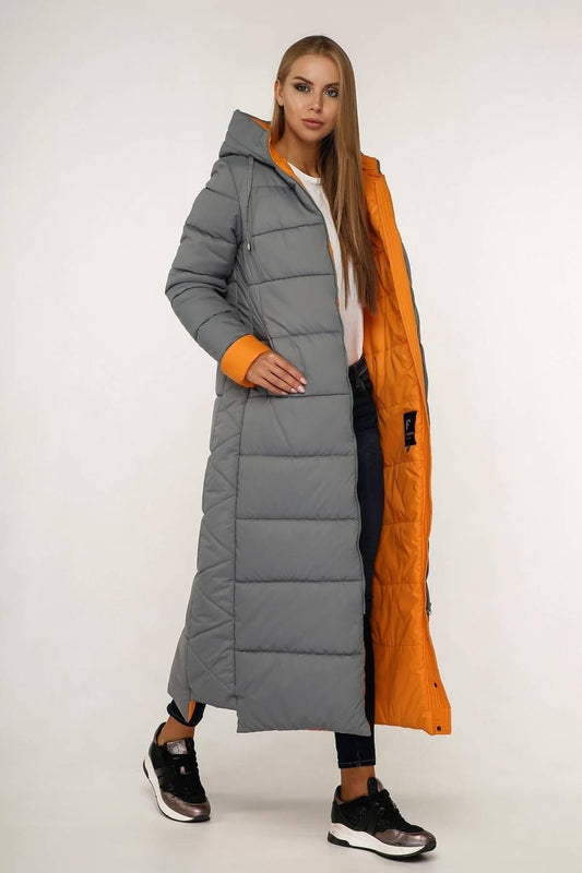 Grey Orange Long Puffer Coat With Hood Women Waterproof and Windproof Winter Jacket Пуховик ПВ - 1202 Лаке Тон 860 + Тон 8 - FAVORITTI