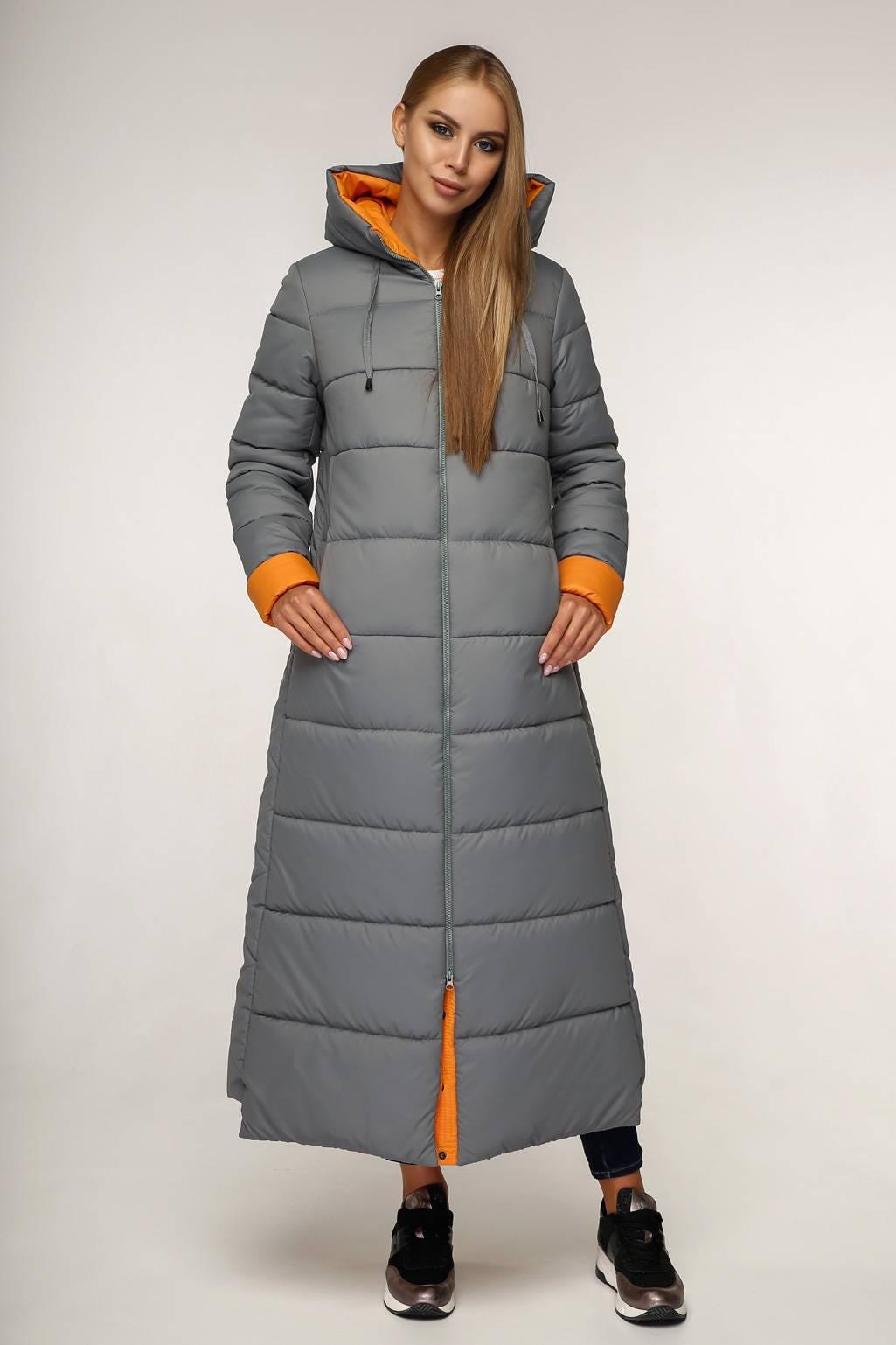 Grey Orange Long Puffer Coat With Hood Women Waterproof and Windproof Winter Jacket Пуховик ПВ - 1202 Лаке Тон 860 + Тон 8 - FAVORITTI