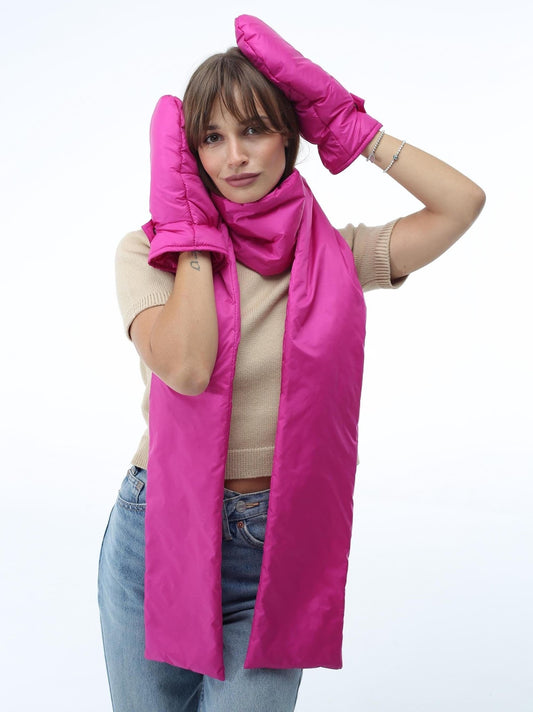 Hot Pink Women's Set Puffer Scarf 6x90in and Puffer Mittens - FAVORITTI