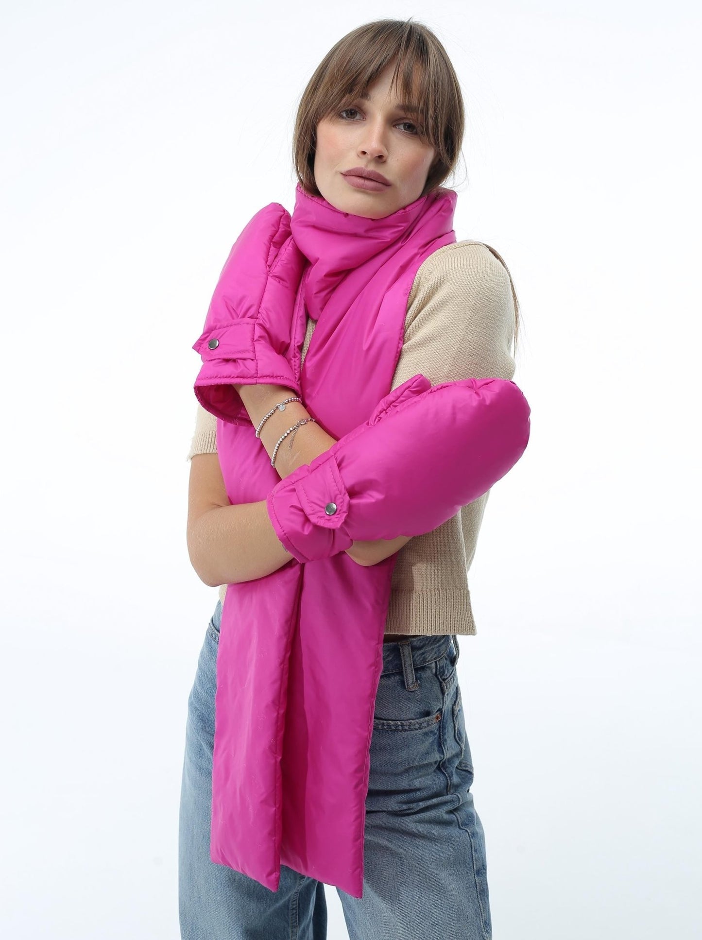 Hot Pink Women's Set Puffer Scarf 6x90in and Puffer Mittens - FAVORITTI