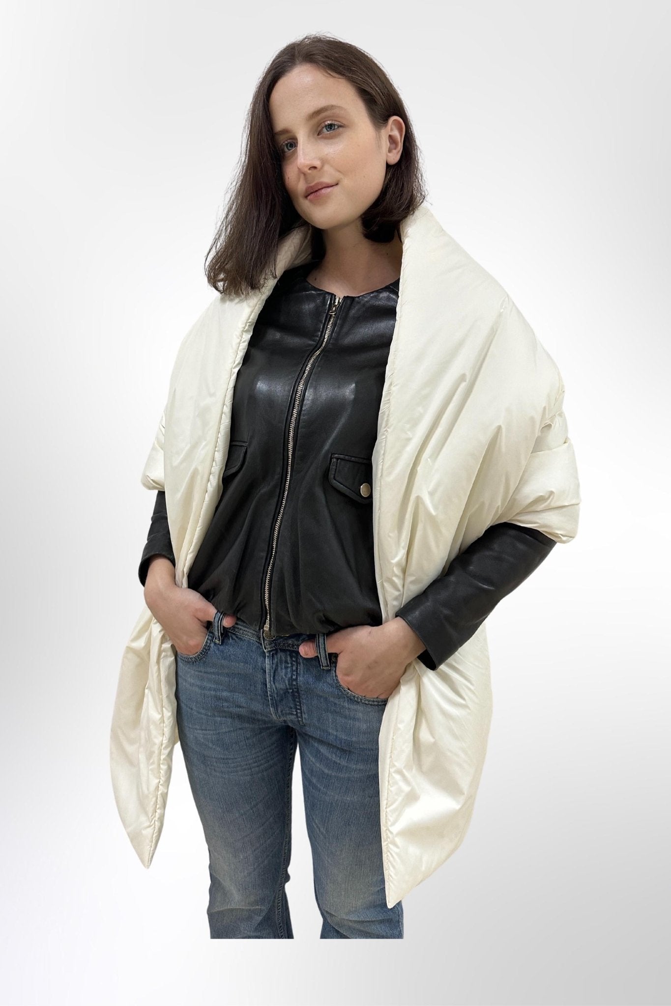 Ivory Puffer Cape Large Scarf 20x85in With Pockets Blanket Shawl Stole Around Shoulders Wrap Warm Winter Christmas Gift Womens Clothing - FAVORITTI