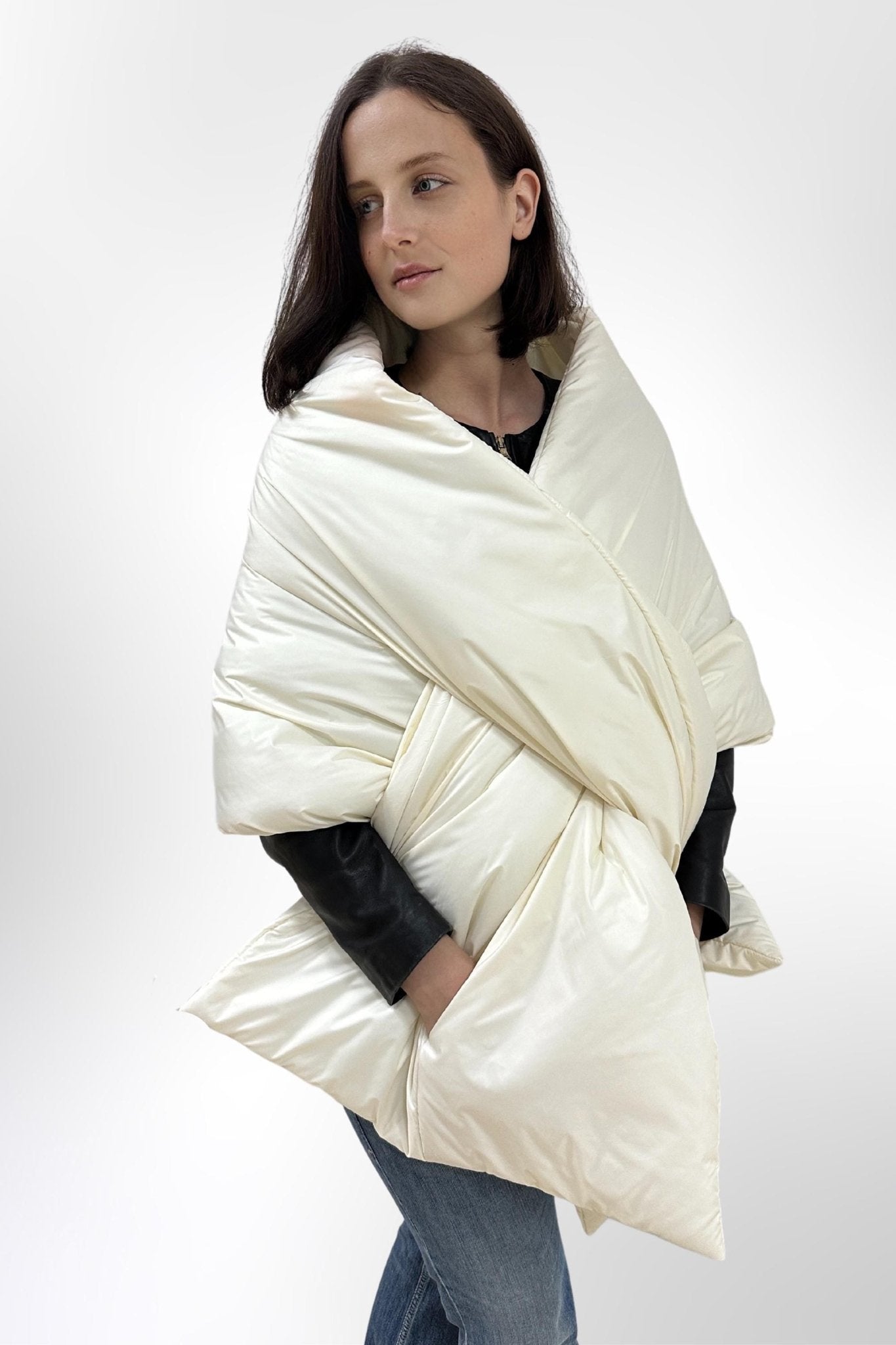 Ivory Puffer Cape Large Scarf 20x85in With Pockets Blanket Shawl Stole Around Shoulders Wrap Warm Winter Christmas Gift Womens Clothing - FAVORITTI