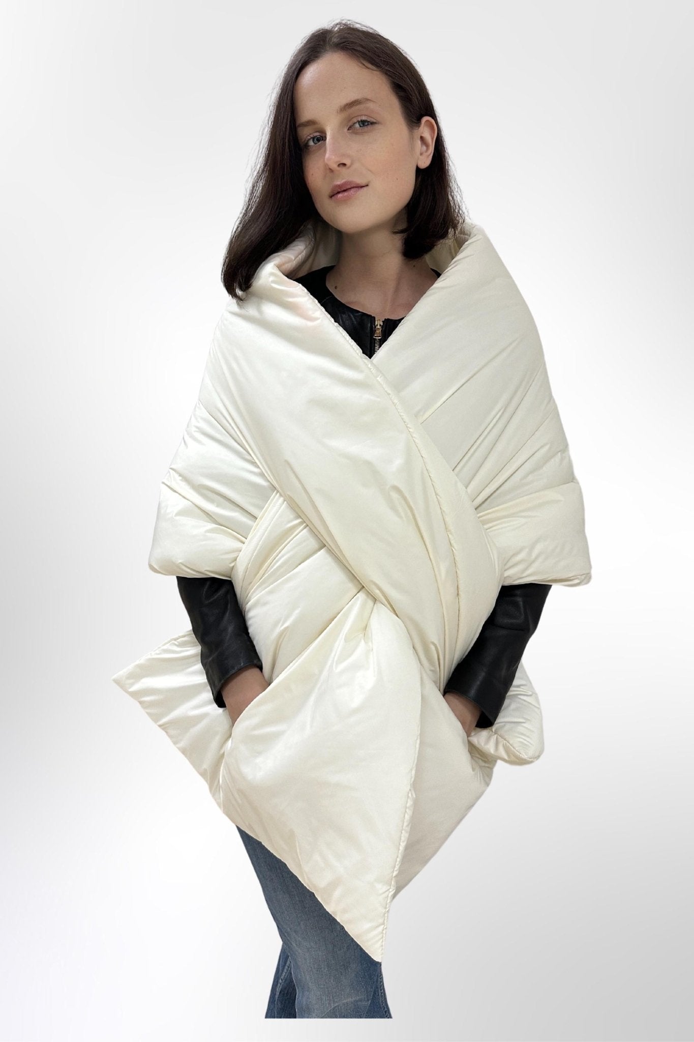 Ivory Puffer Cape Large Scarf 20x85in With Pockets Blanket Shawl Stole Around Shoulders Wrap Warm Winter Christmas Gift Womens Clothing - FAVORITTI