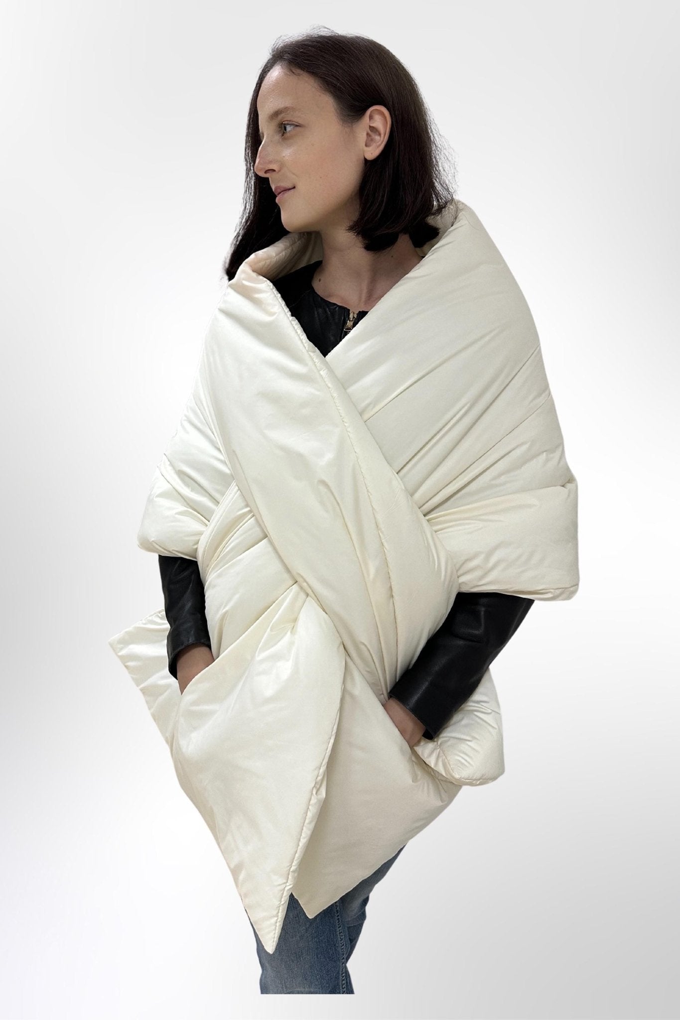 Ivory Puffer Cape Large Scarf 20x85in With Pockets Blanket Shawl Stole Around Shoulders Wrap Warm Winter Christmas Gift Womens Clothing - FAVORITTI