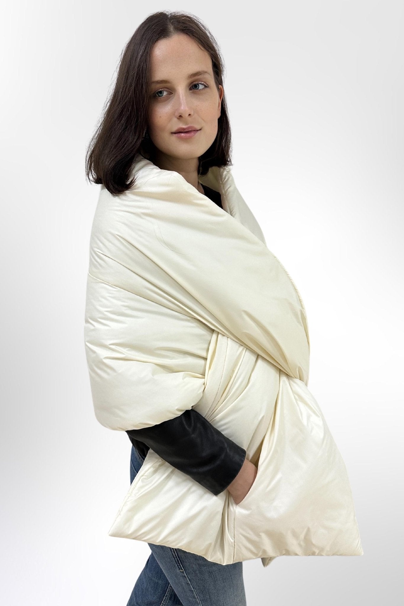 Ivory Puffer Cape Large Scarf 20x85in With Pockets Blanket Shawl Stole Around Shoulders Wrap Warm Winter Christmas Gift Womens Clothing - FAVORITTI