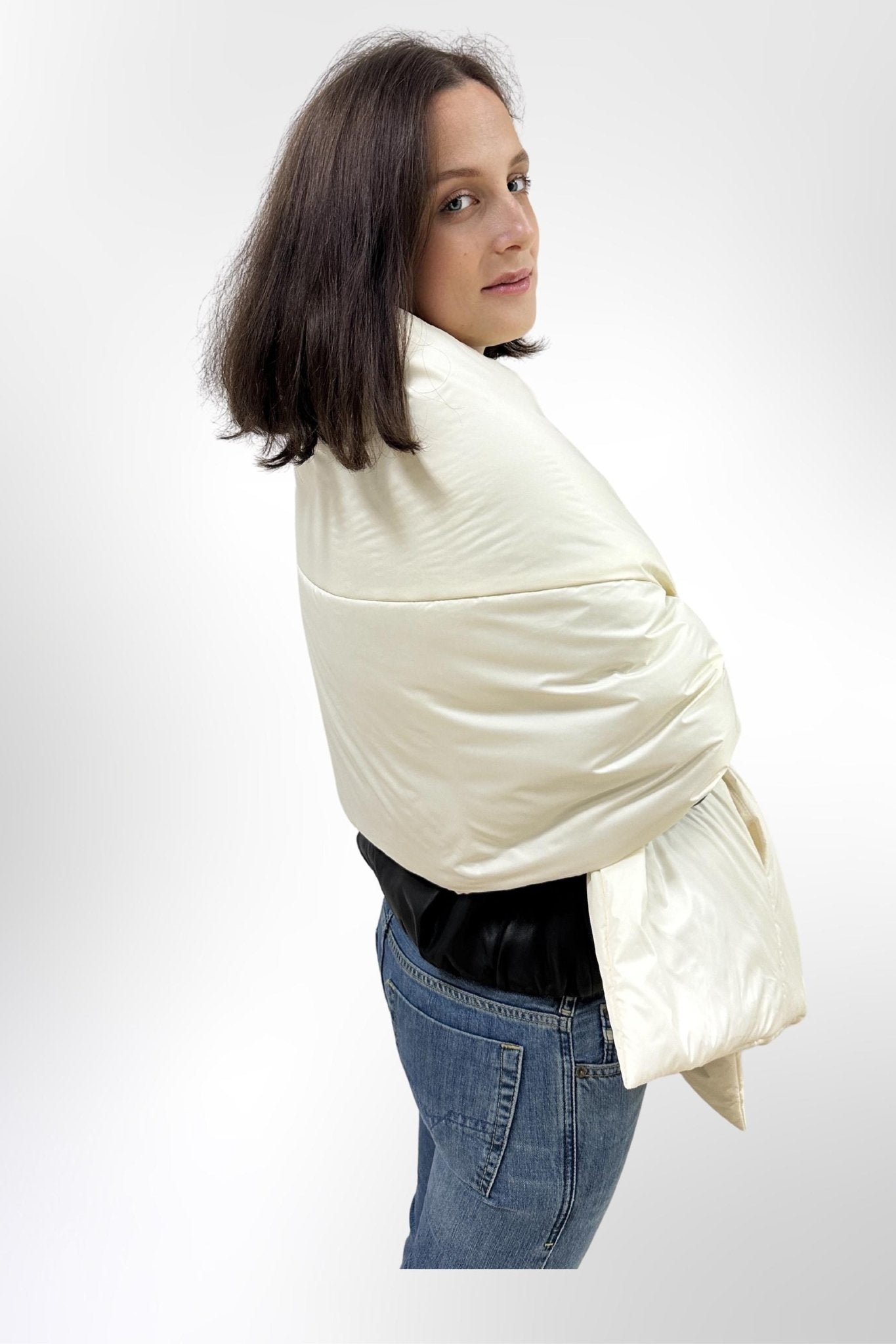 Ivory Puffer Cape Large Scarf 20x85in With Pockets Blanket Shawl Stole Around Shoulders Wrap Warm Winter Christmas Gift Womens Clothing - FAVORITTI