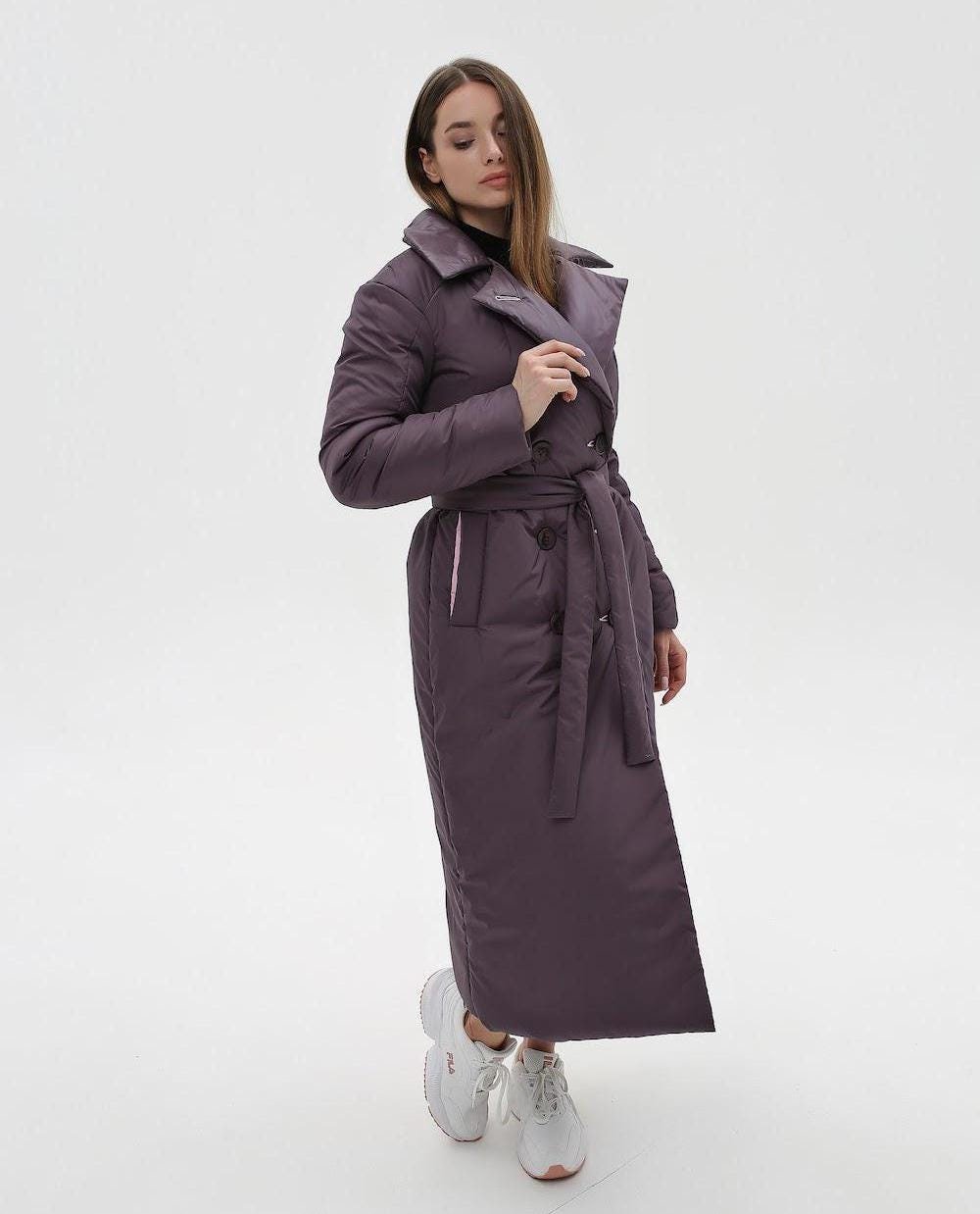 Ladies Puffy Coat for Women, Maxi Long Winter Jacket, Belted Warm Outerwear Плащ - пуховик ПВ - 1308 Лаке Тон 32 + Тон 23 - FAVORITTI