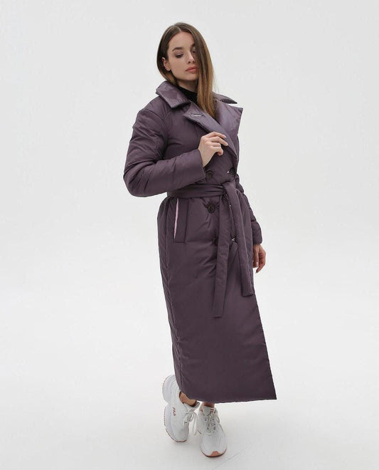 Ladies Puffy Coat for Women, Maxi Long Winter Jacket, Belted Warm Outerwear Плащ - пуховик ПВ - 1308 Лаке Тон 32 + Тон 23 - FAVORITTI