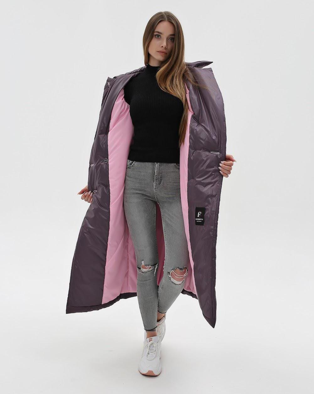 Ladies Puffy Coat for Women, Maxi Long Winter Jacket, Belted Warm Outerwear Плащ - пуховик ПВ - 1308 Лаке Тон 32 + Тон 23 - FAVORITTI